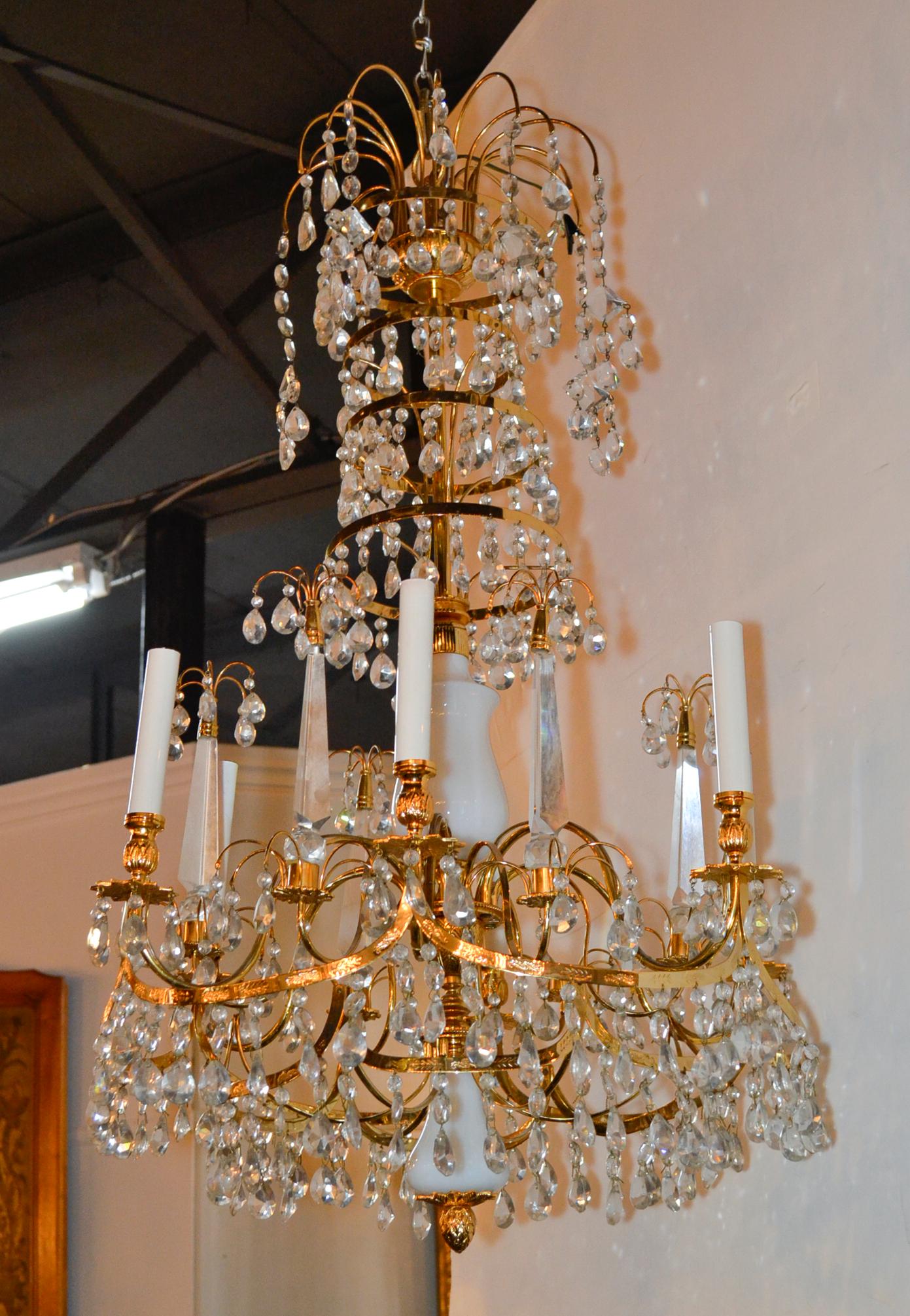 Early 20th Century Baltic Brass and Milk Glass Chandelier For Sale