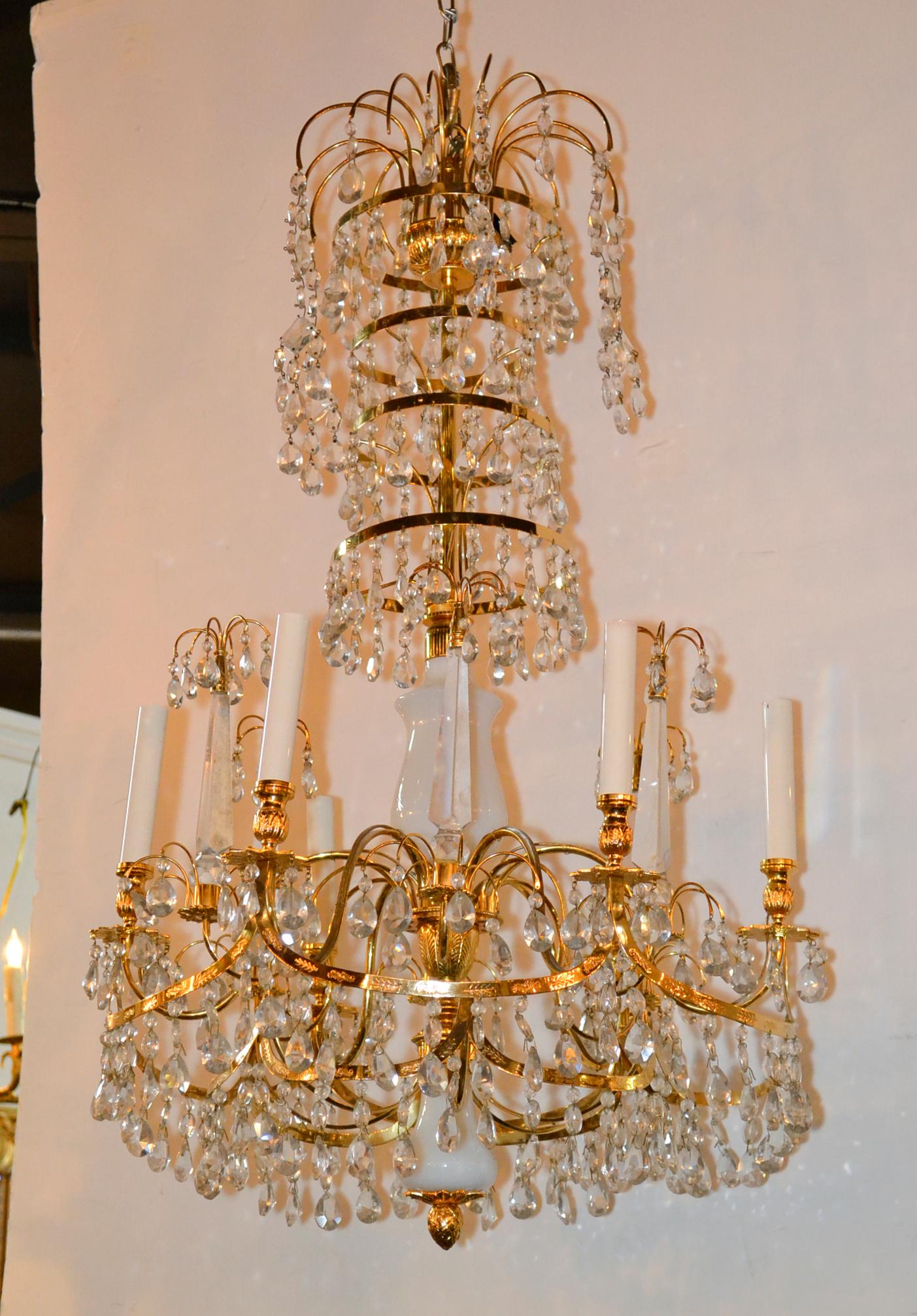 Baltic Brass and Milk Glass Chandelier For Sale 2