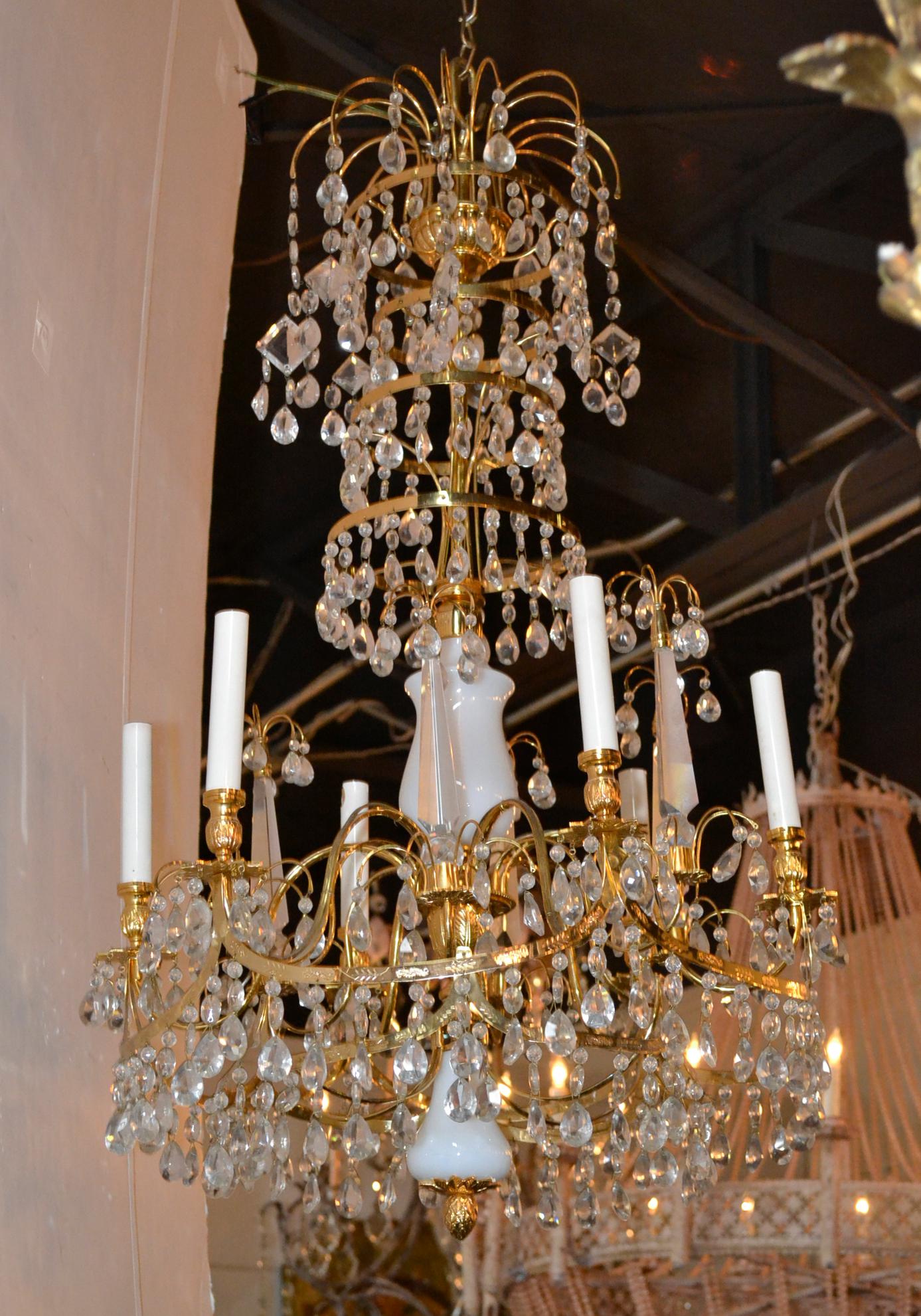 Baltic Brass and Milk Glass Chandelier For Sale 4