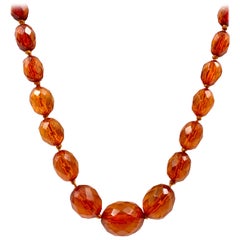Antique Baltic Honey Colored Amber Necklace, Faceted Cut, Russia, 19th Century