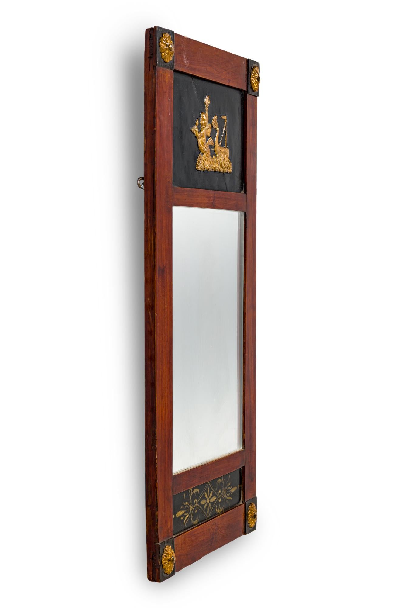 Espejo de pared rectangular vertical de caoba del neoclásico báltico continental (siglo XIX) con un panel superior de ebonita con una talla dorada y rosetas doradas en las 4 esquinas