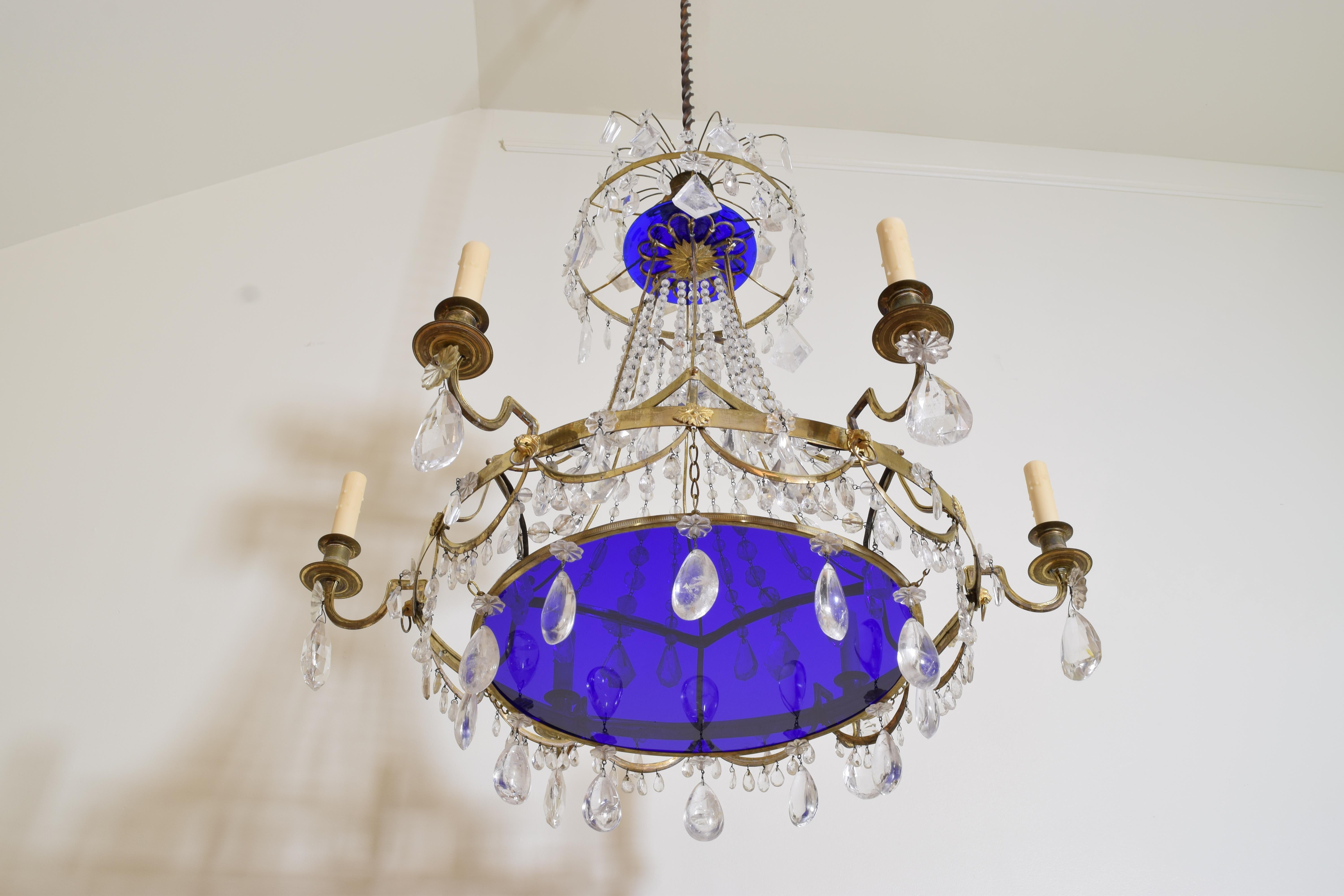 Early 19th Century Baltic Neoclassic Ormolu, Rock Crystal & Cobalt Blue Glass Chandelier, c 1800 For Sale