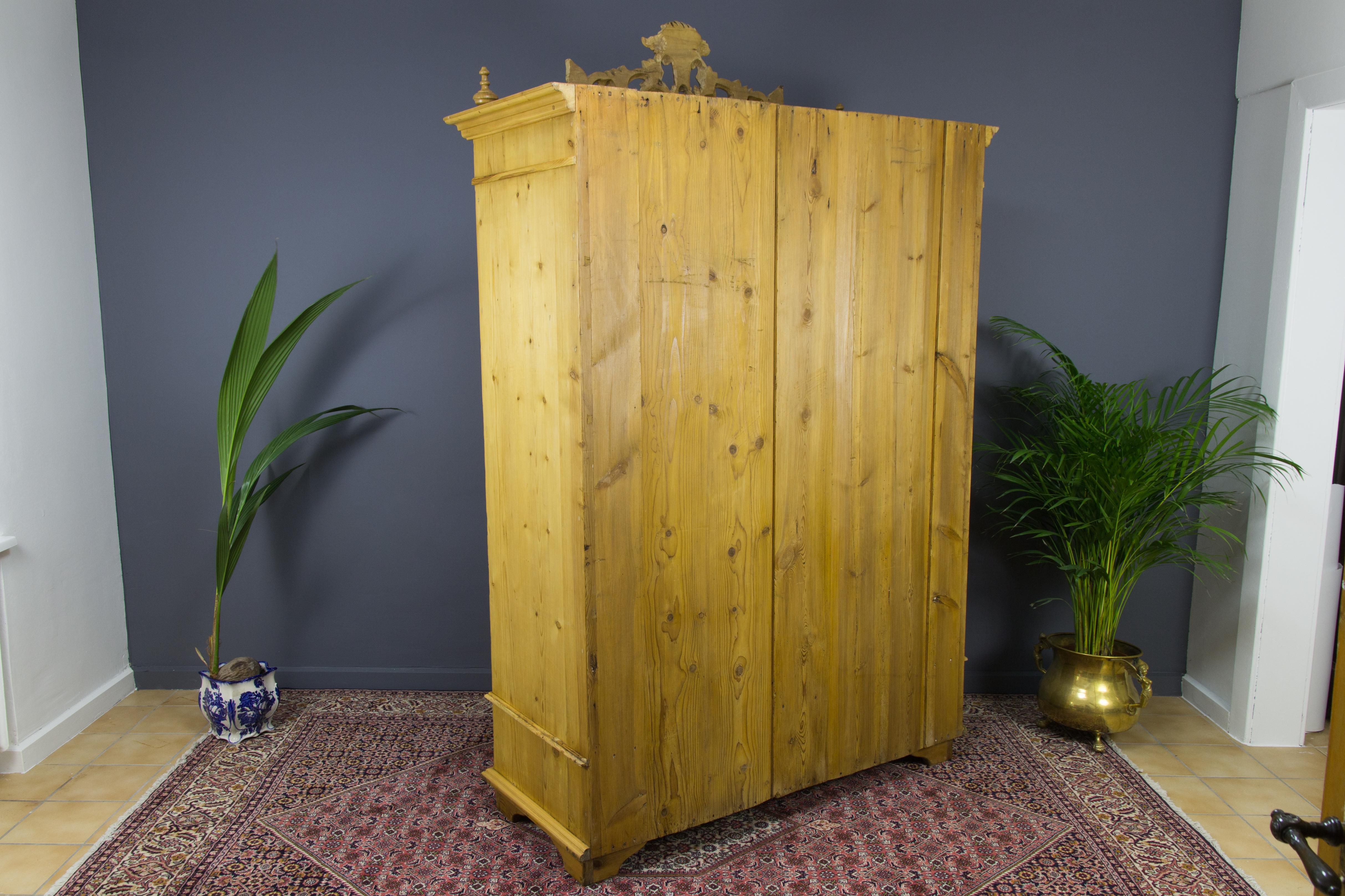 Baltic Pine Two-Door Armoire with Carved Flower Crown, 1920s In Good Condition For Sale In Barntrup, DE