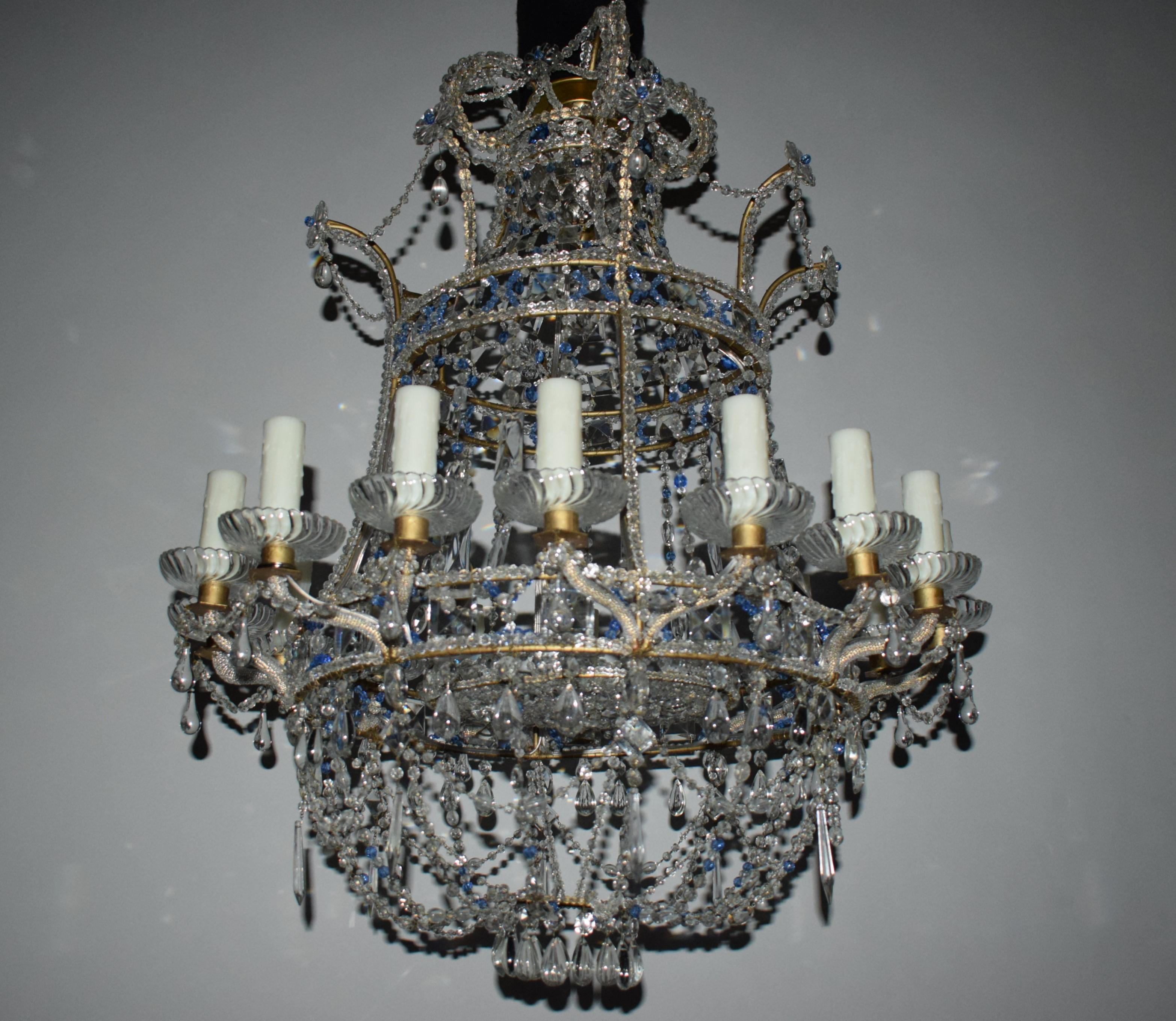 Baltic Style Sixteen Light Clear and Blue Beaded Crystal Basket Chandelier 4