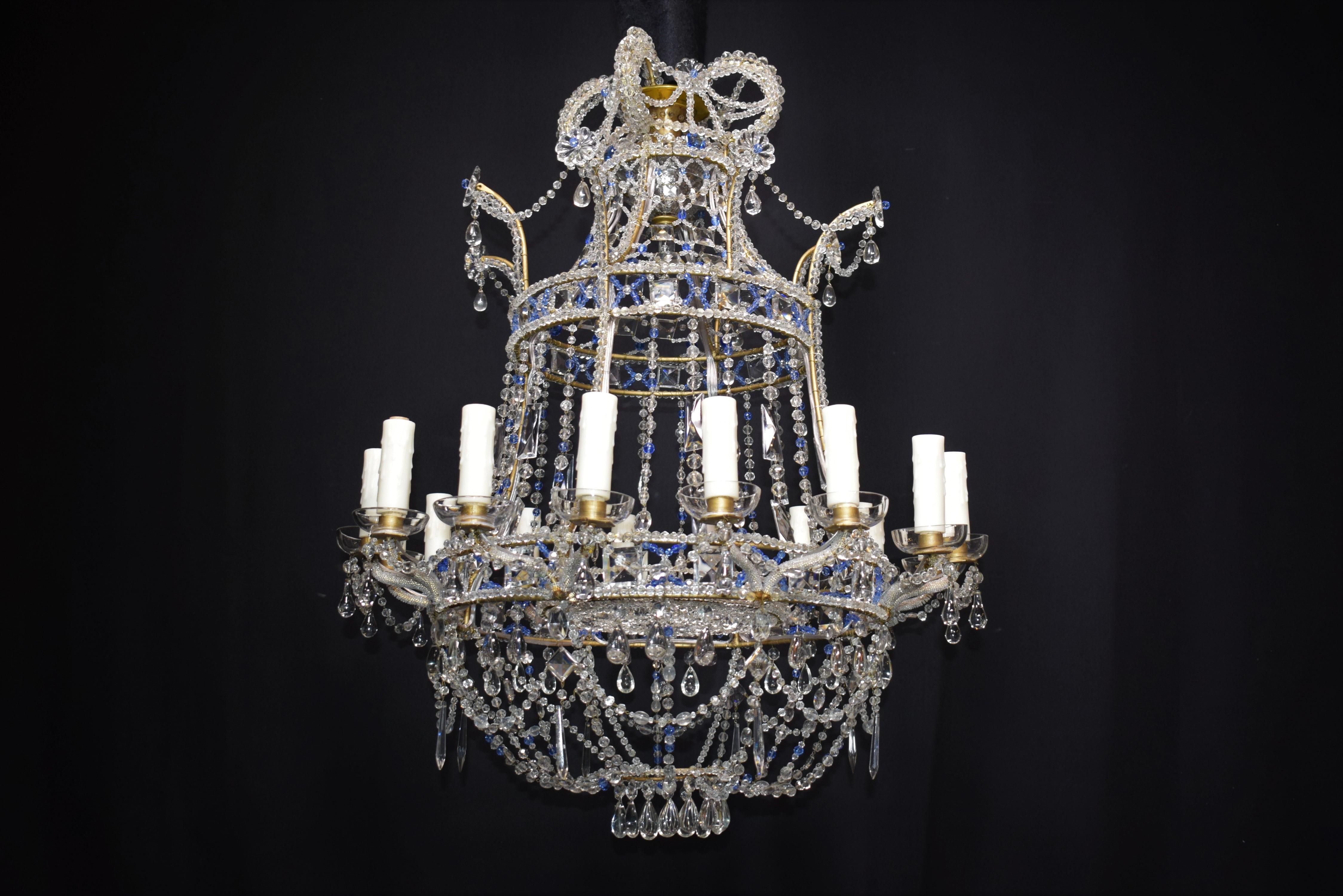 Baltic Style Sixteen Light Clear and Blue Beaded Crystal Basket Chandelier 5
