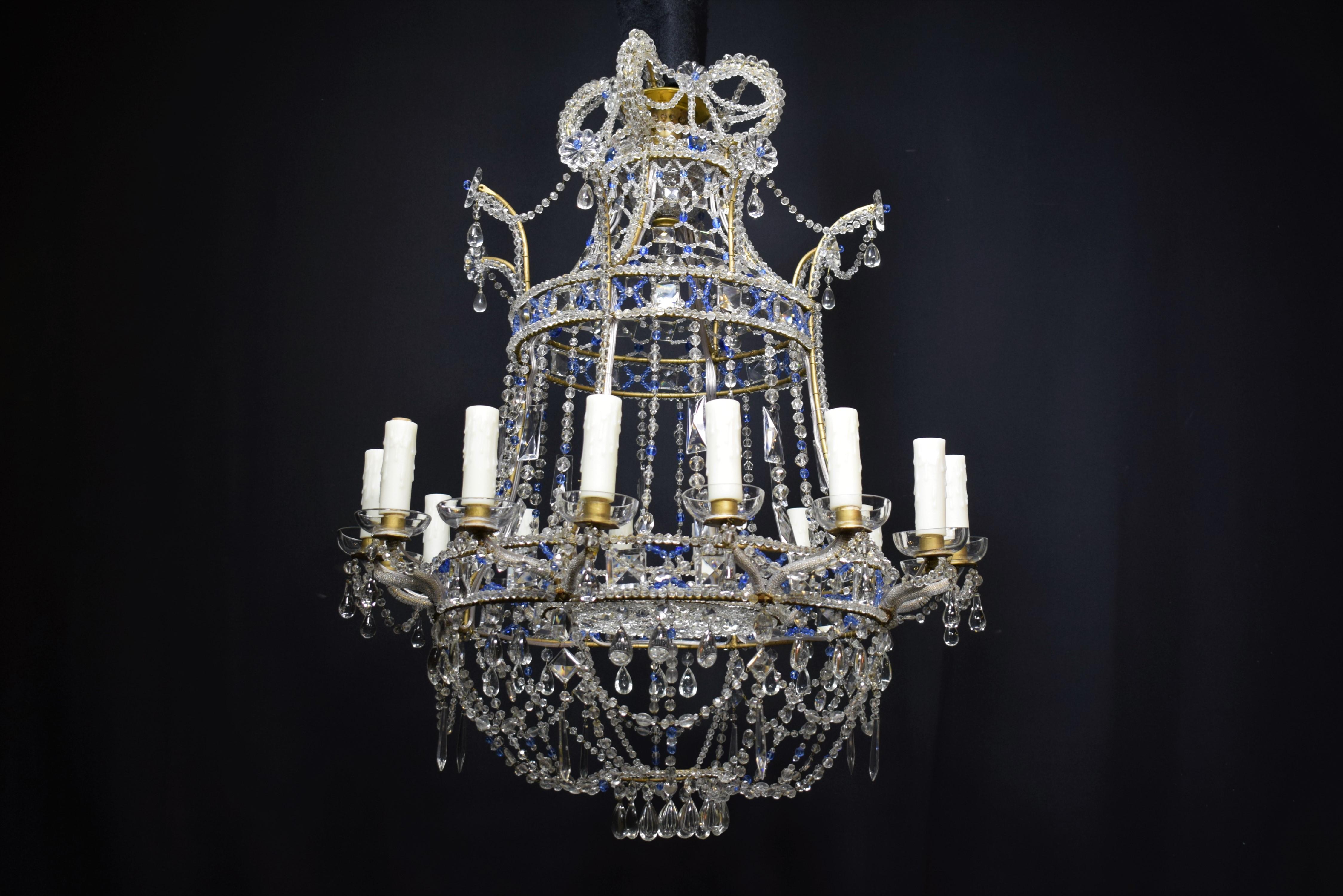 Baltic Style Sixteen Light Clear and Blue Beaded Crystal Basket Chandelier 6