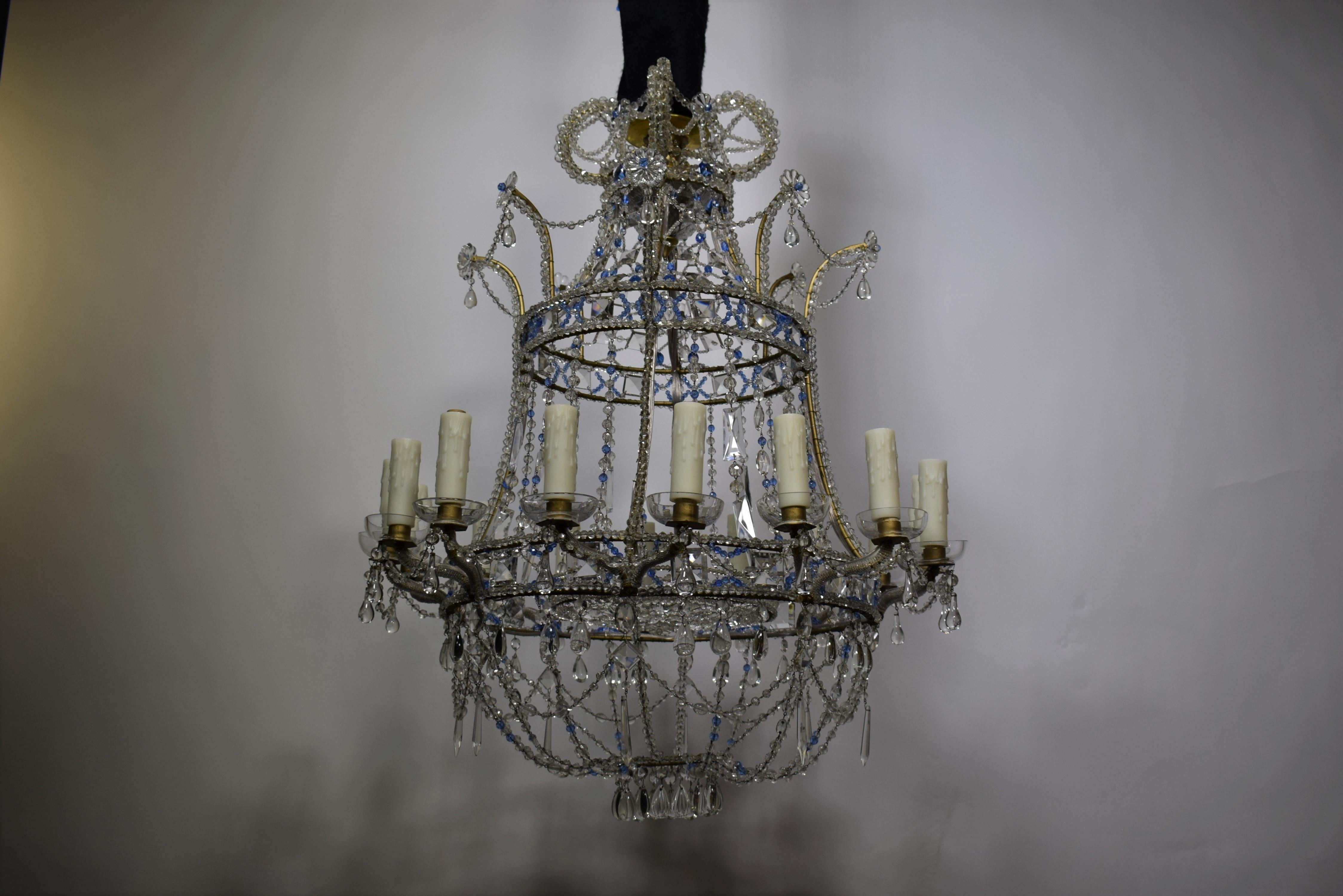 Baltic Style Sixteen Light Clear and Blue Beaded Crystal Basket Chandelier 7