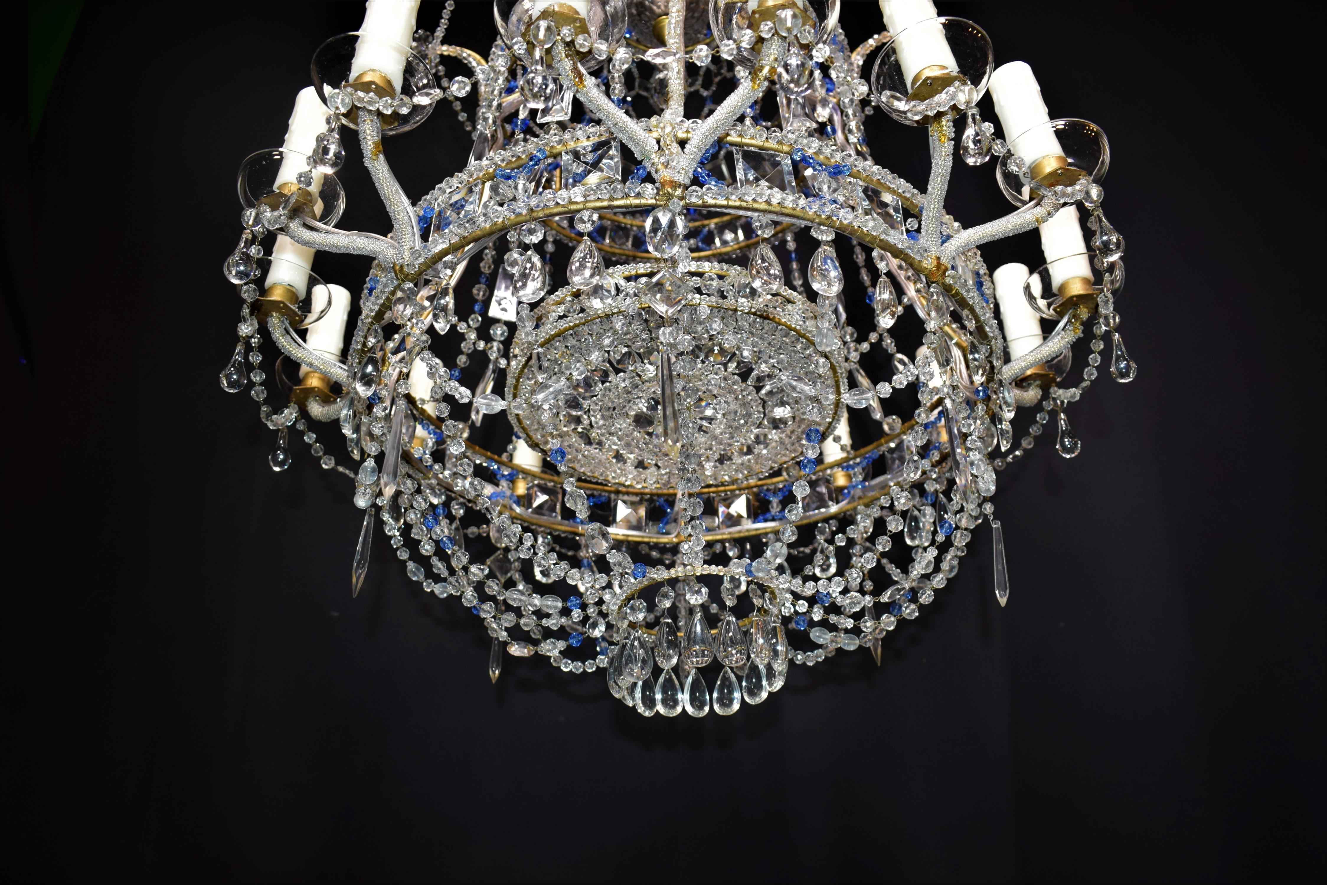 Baltic Style Sixteen Light Clear and Blue Beaded Crystal Basket Chandelier 9