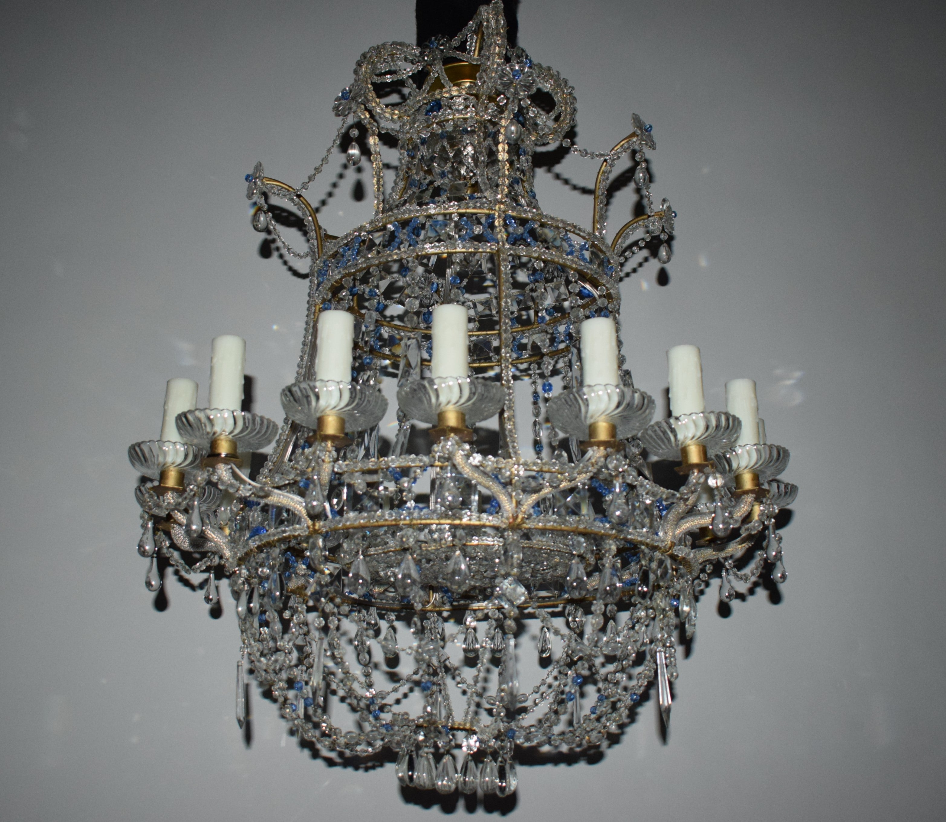 A magnificent & highly unusual Baltic style sixteen light clear and blue beaded crystal basket chandelier. Dimensions: Height. 38