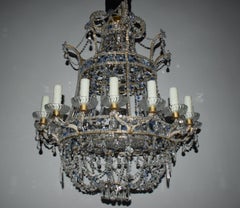 Baltic Style Sixteen Light Clear and Blue Beaded Crystal Basket Chandelier