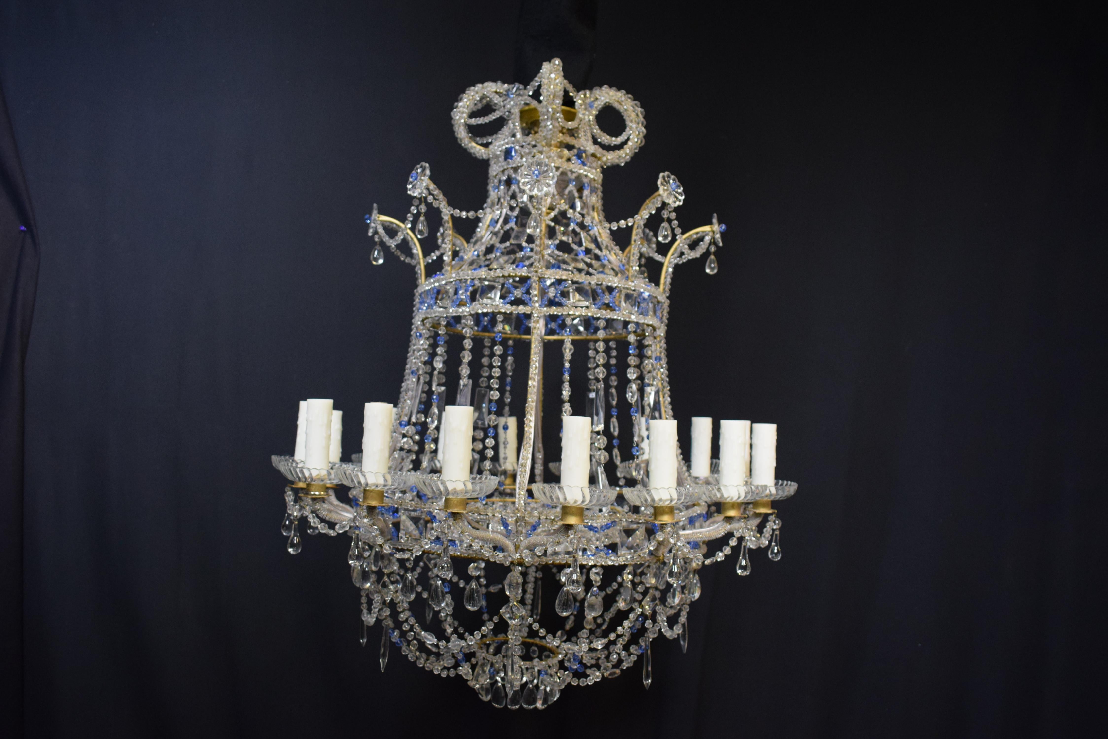 Finnish Baltic Style Sixteen Light Clear and Blue Beaded Crystal Basket Chandelier
