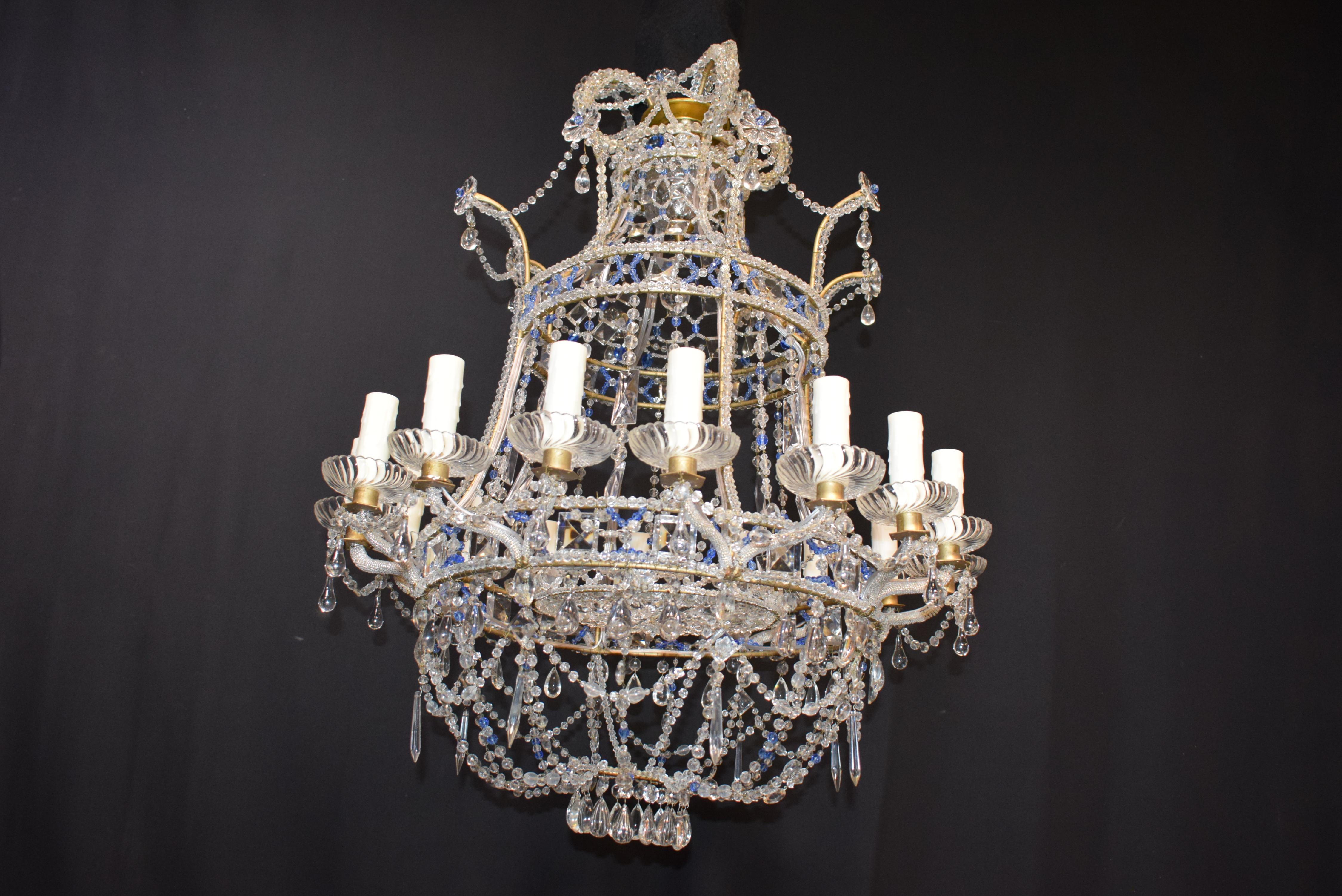 Baltic Style Sixteen Light Clear and Blue Beaded Crystal Basket Chandelier In Good Condition In Atlanta, GA