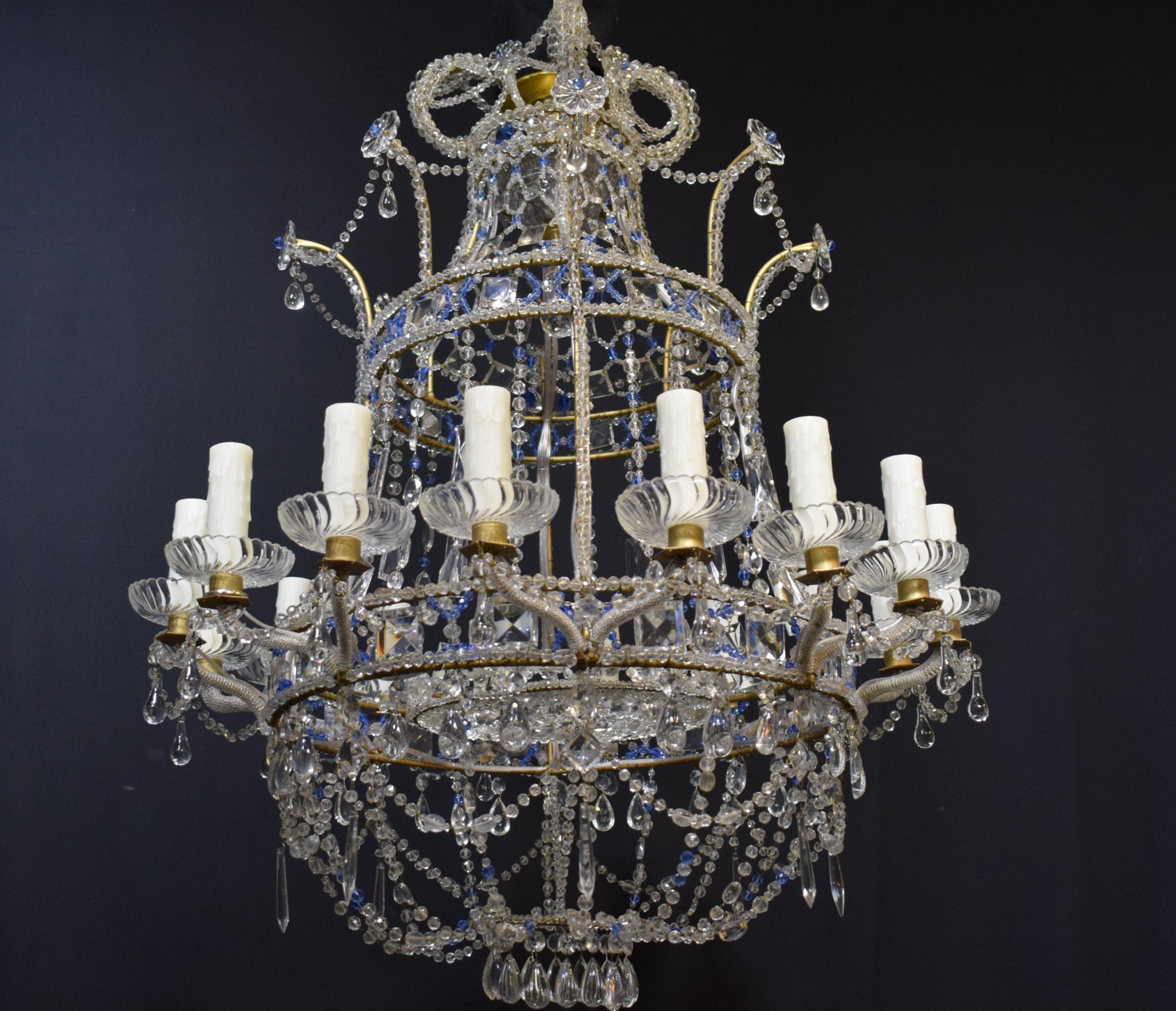 Early 20th Century Baltic Style Sixteen Light Clear and Blue Beaded Crystal Basket Chandelier