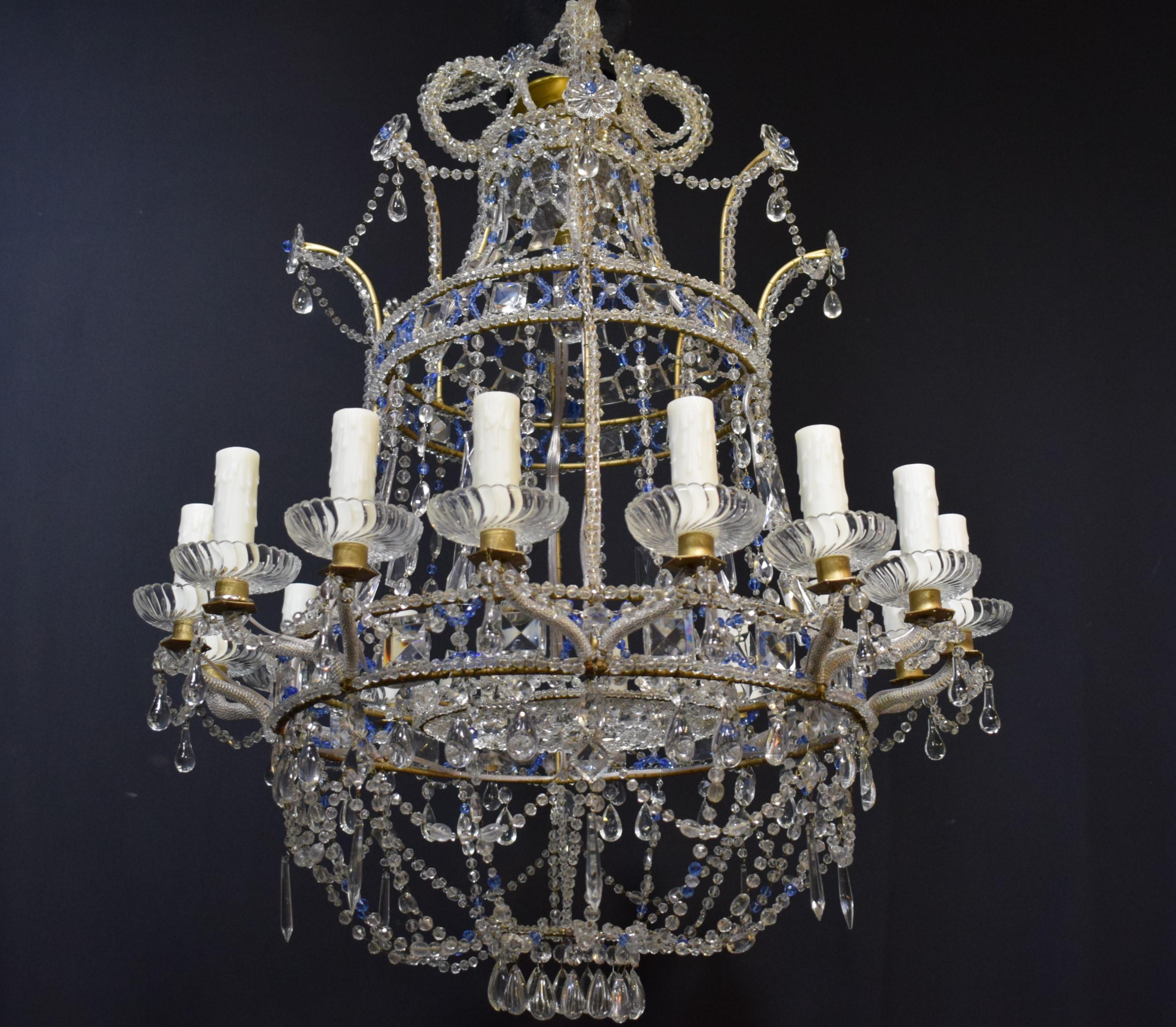 Bronze Baltic Style Sixteen Light Clear and Blue Beaded Crystal Basket Chandelier