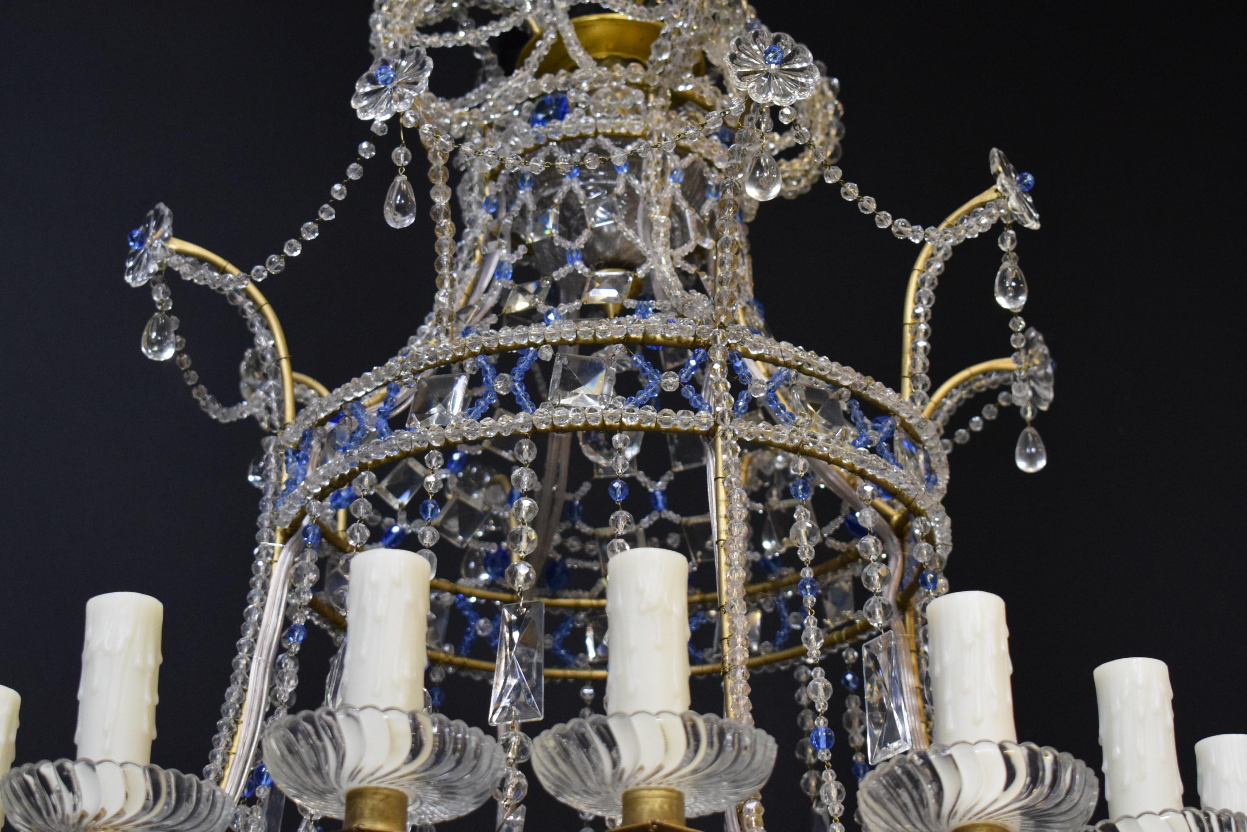 Baltic Style Sixteen Light Clear and Blue Beaded Crystal Basket Chandelier 1