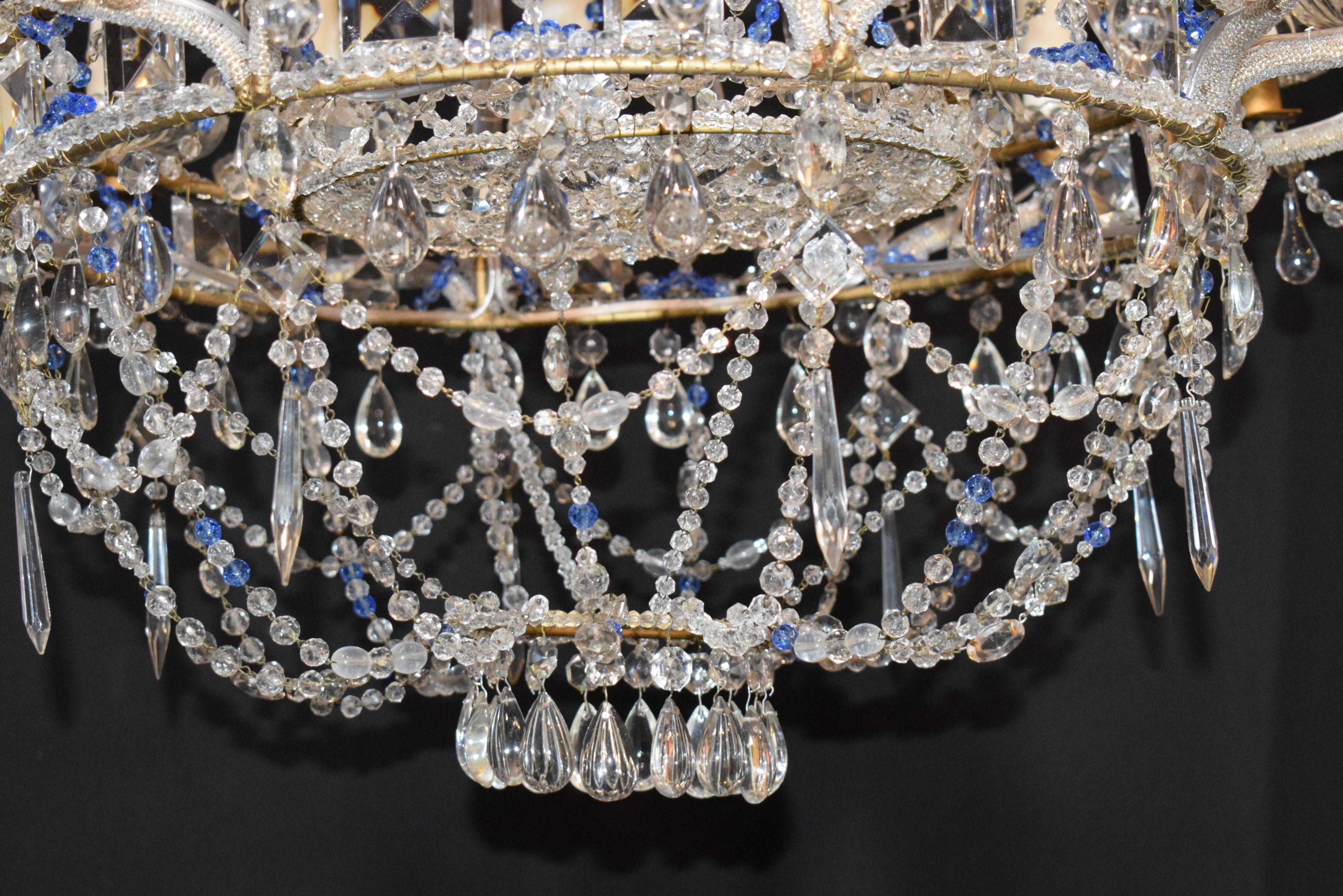 Baltic Style Sixteen Light Clear and Blue Beaded Crystal Basket Chandelier 2