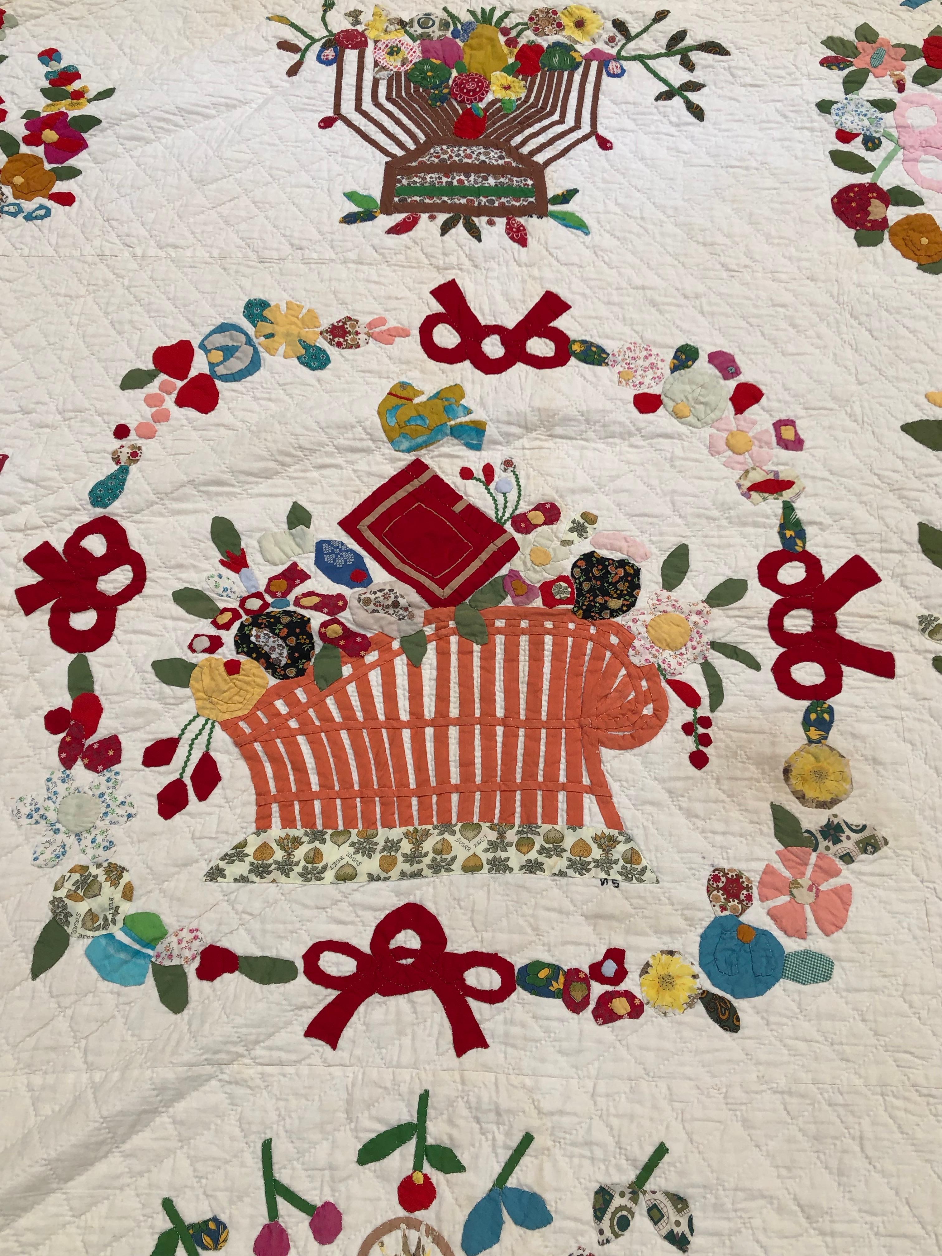 Baltimore Album Quilt 29 Blocks Nine Birds and Open Baskets Signed Armstrong In Good Condition For Sale In Allentown, PA