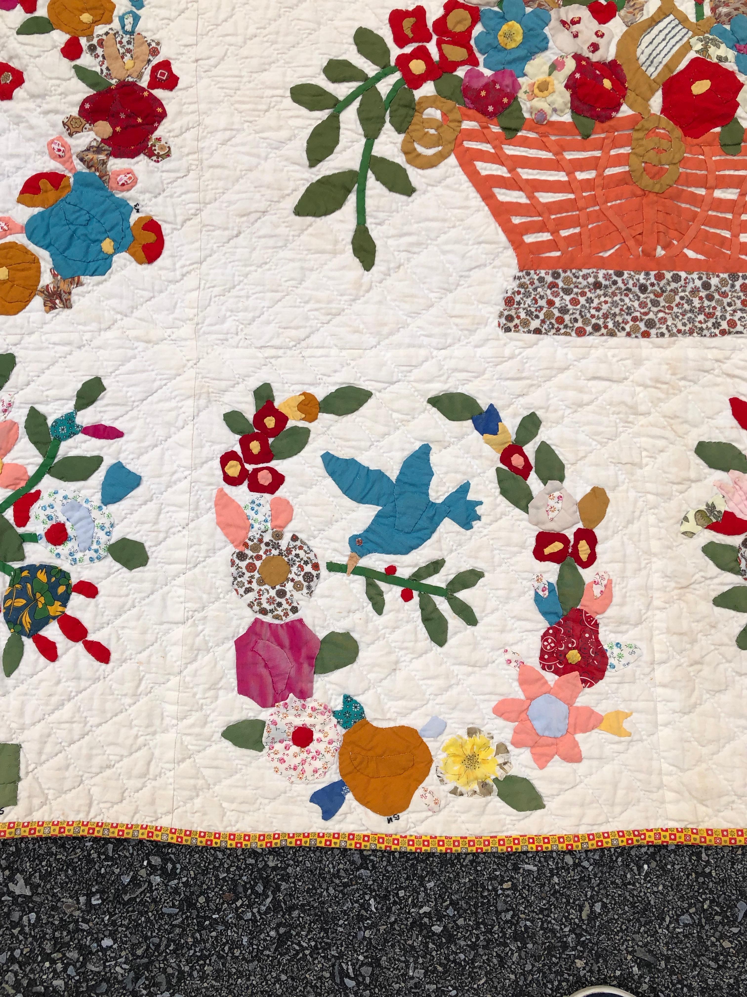 19th Century Baltimore Album Quilt 29 Blocks Nine Birds and Open Baskets Signed Armstrong For Sale