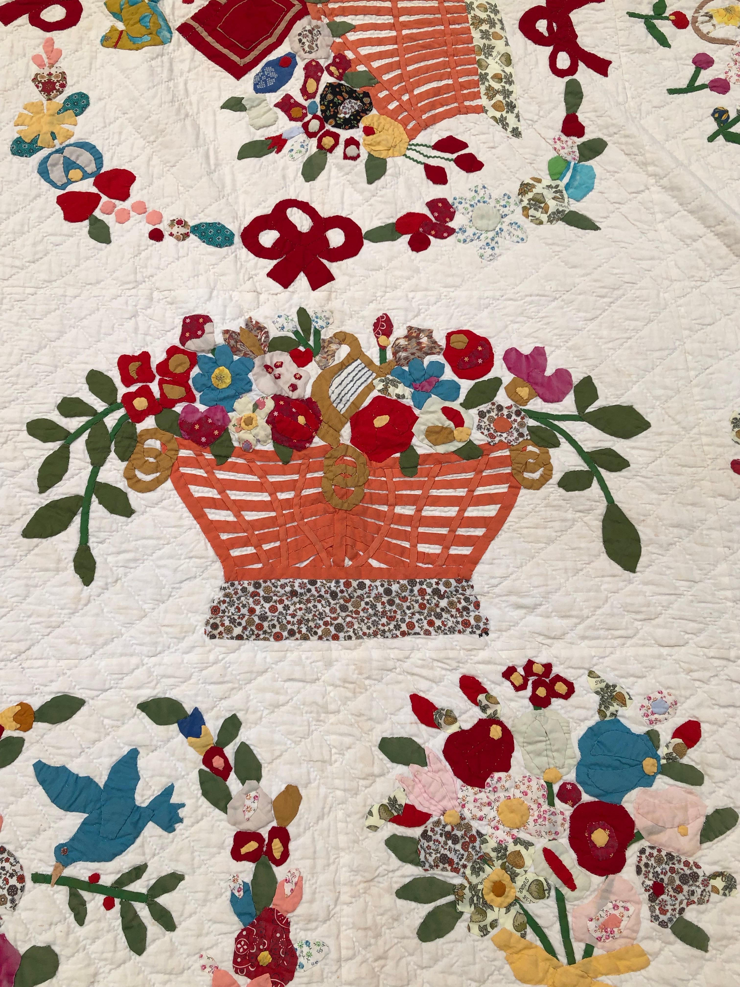 Cotton Baltimore Album Quilt 29 Blocks Nine Birds and Open Baskets Signed Armstrong For Sale