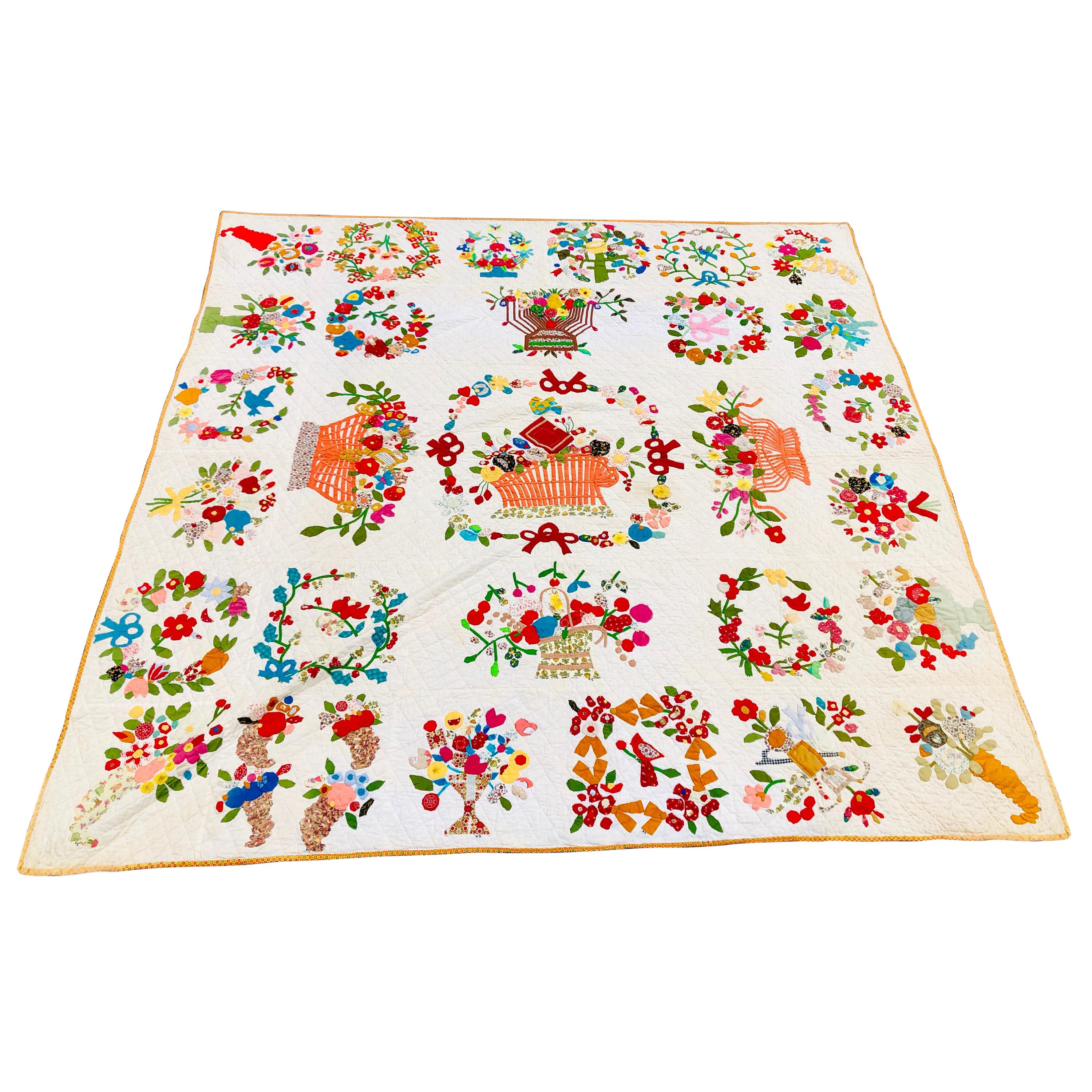 Baltimore Album Quilt 29 Blocks Nine Birds and Open Baskets Signed Armstrong For Sale