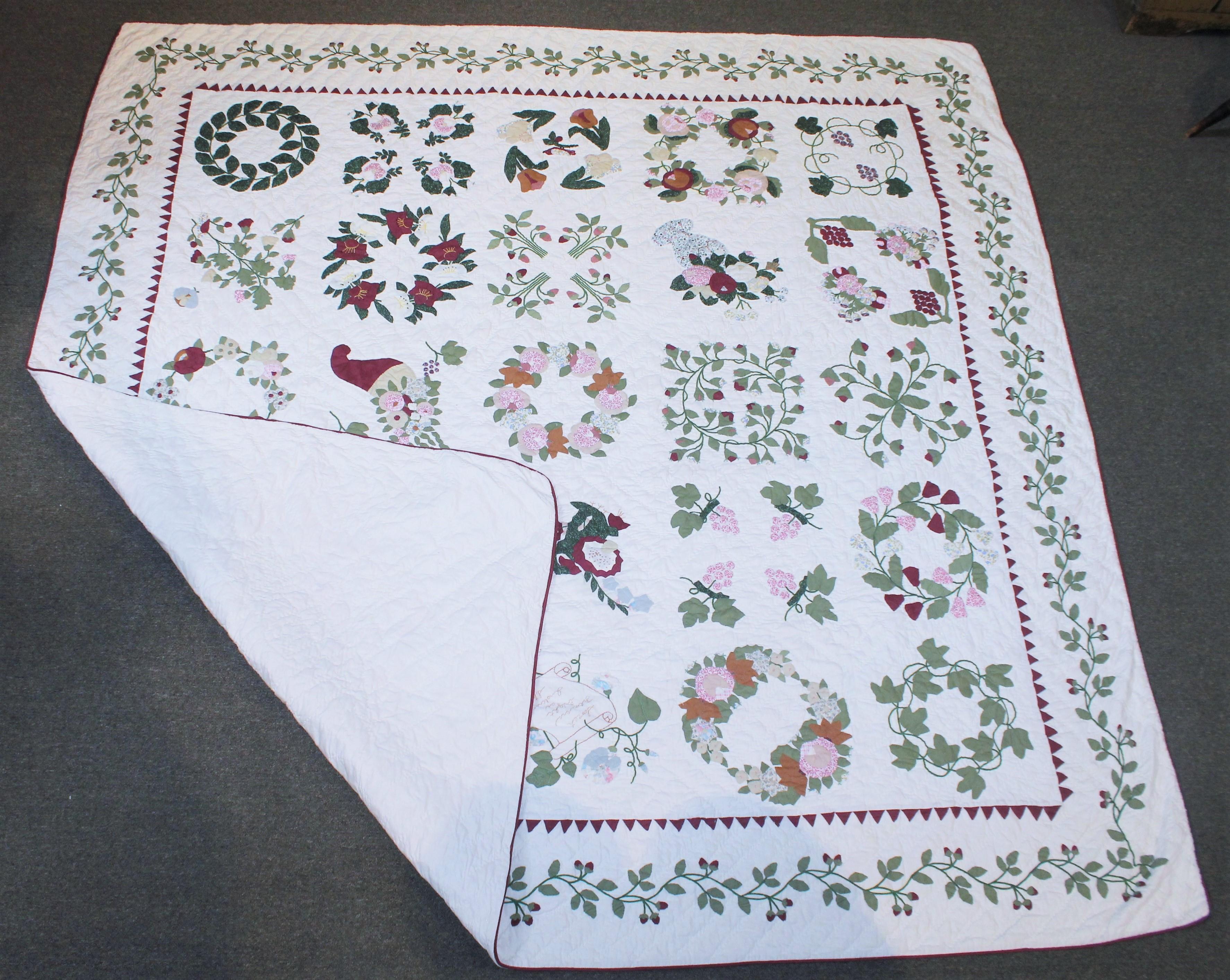 This amazing Baltimore album quilt is a copy put out from the Folk Art Museum. Its a copy of a 1860 Baltimore Album quilt for little money. This original sold in Auction in NYC for over 160,000.00 in the eighty's !!! The condition is very good and