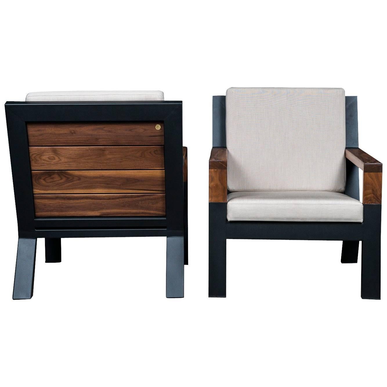 Baltimore Modern Armchair by Ambrozia, Walnut, Black Steel and Beige Upholstery