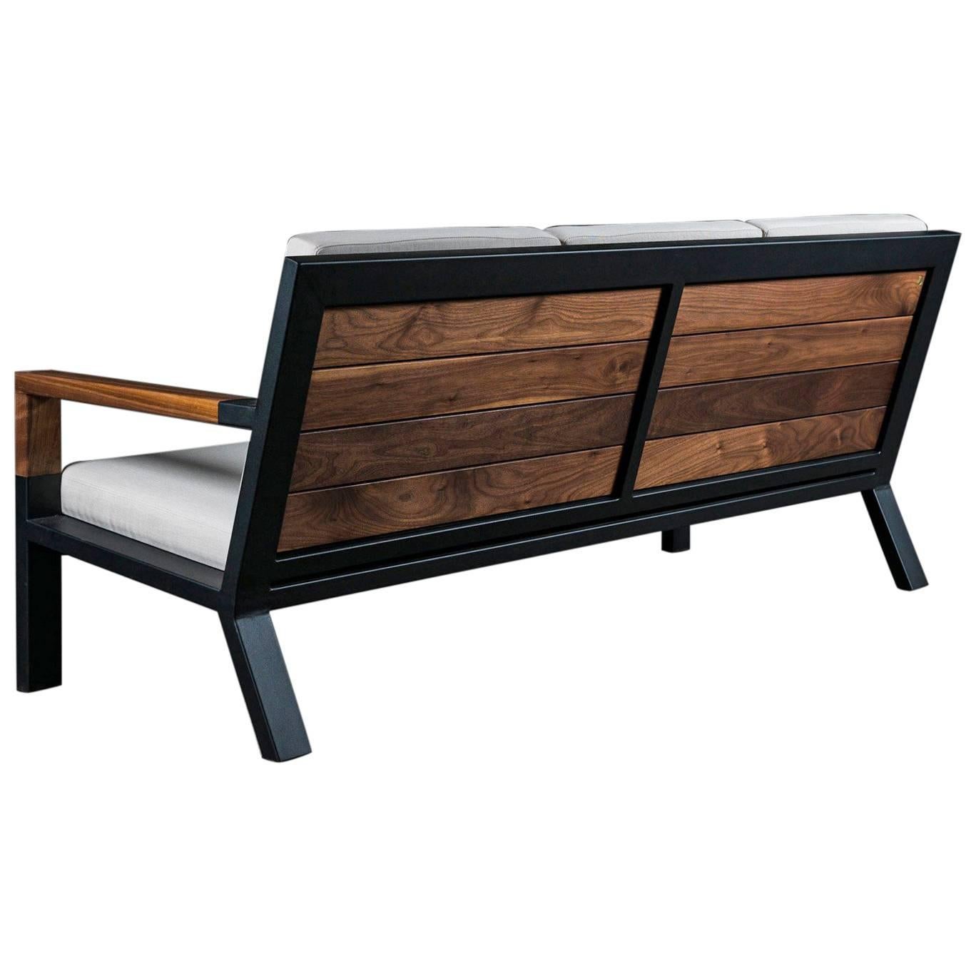 Baltimore Modern Sofa by Ambrozia, Walnut, Black Steel and Beige Upholstery