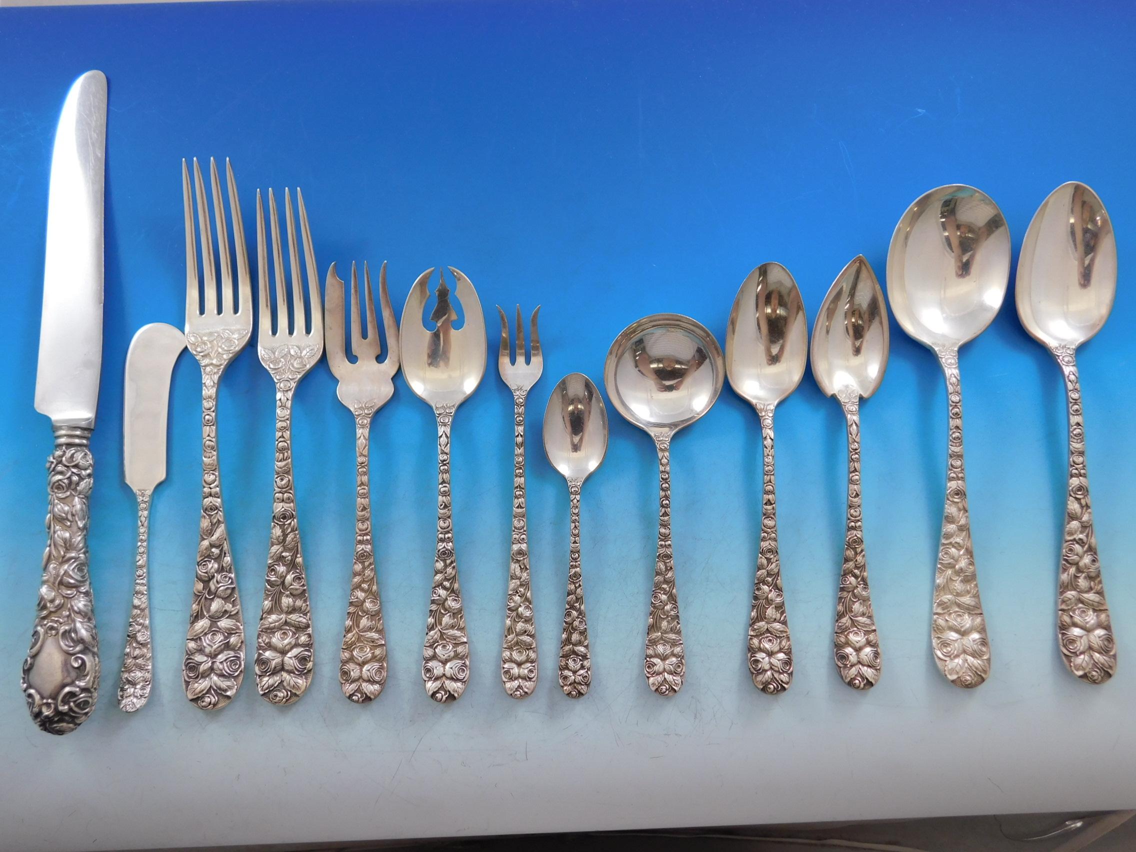 Superb monumental Baltimore Rose by Schofield sterling silver flatware set - 189 pieces. This repoussed pattern was designed by Frank Schofield and was introduced in the year 1905. Schofield's most famous and most desirable pattern was Baltimore