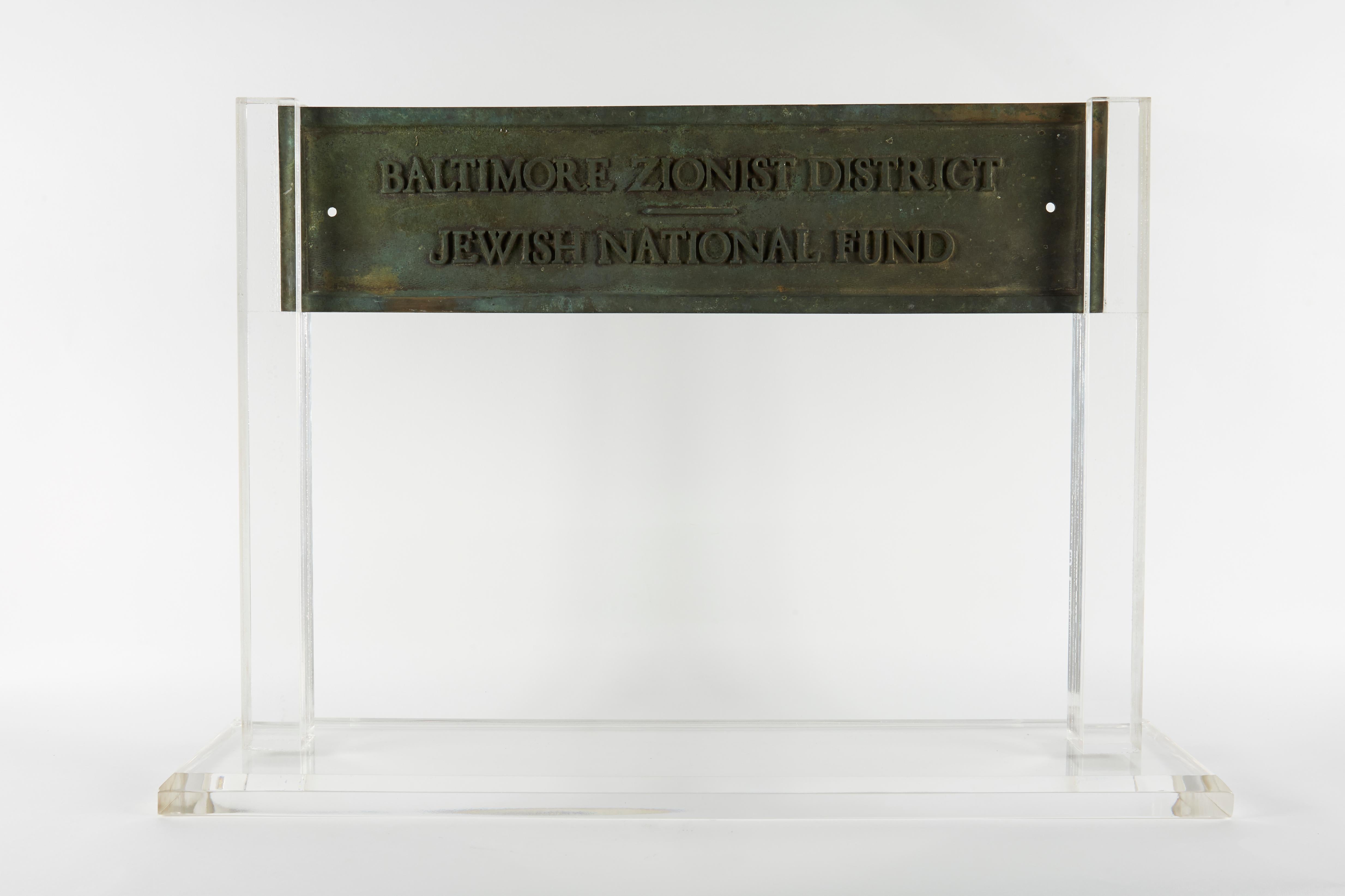 Early 20th century, heavy and massive bronze sign plaque for the Baltimore Zionist District 
National Jewish Fund.
Cast in USA, circa 1900.