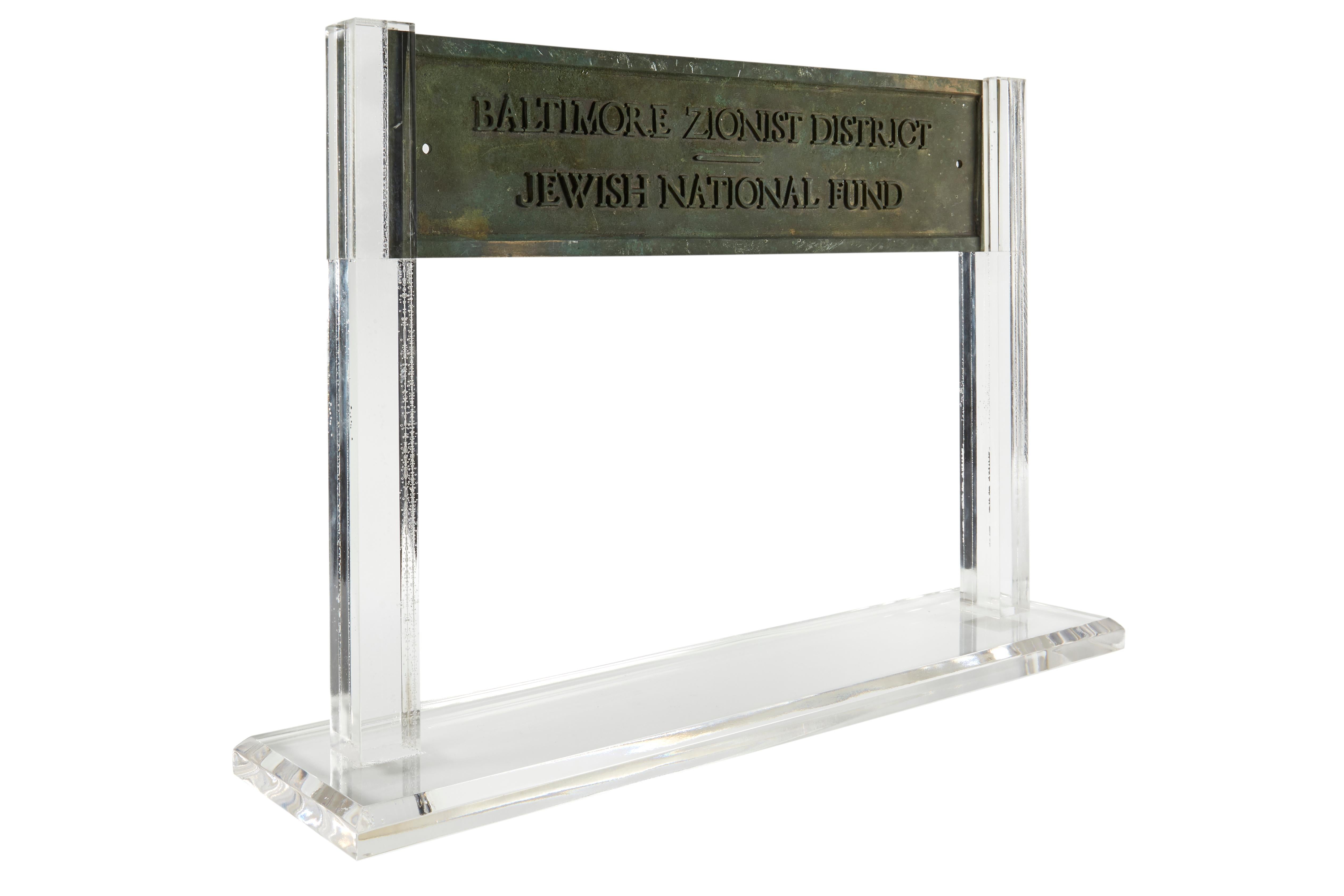 Baltimore Zionist District Jewish National Fund, Building Bronze Sign Plaque In Good Condition For Sale In New York, NY