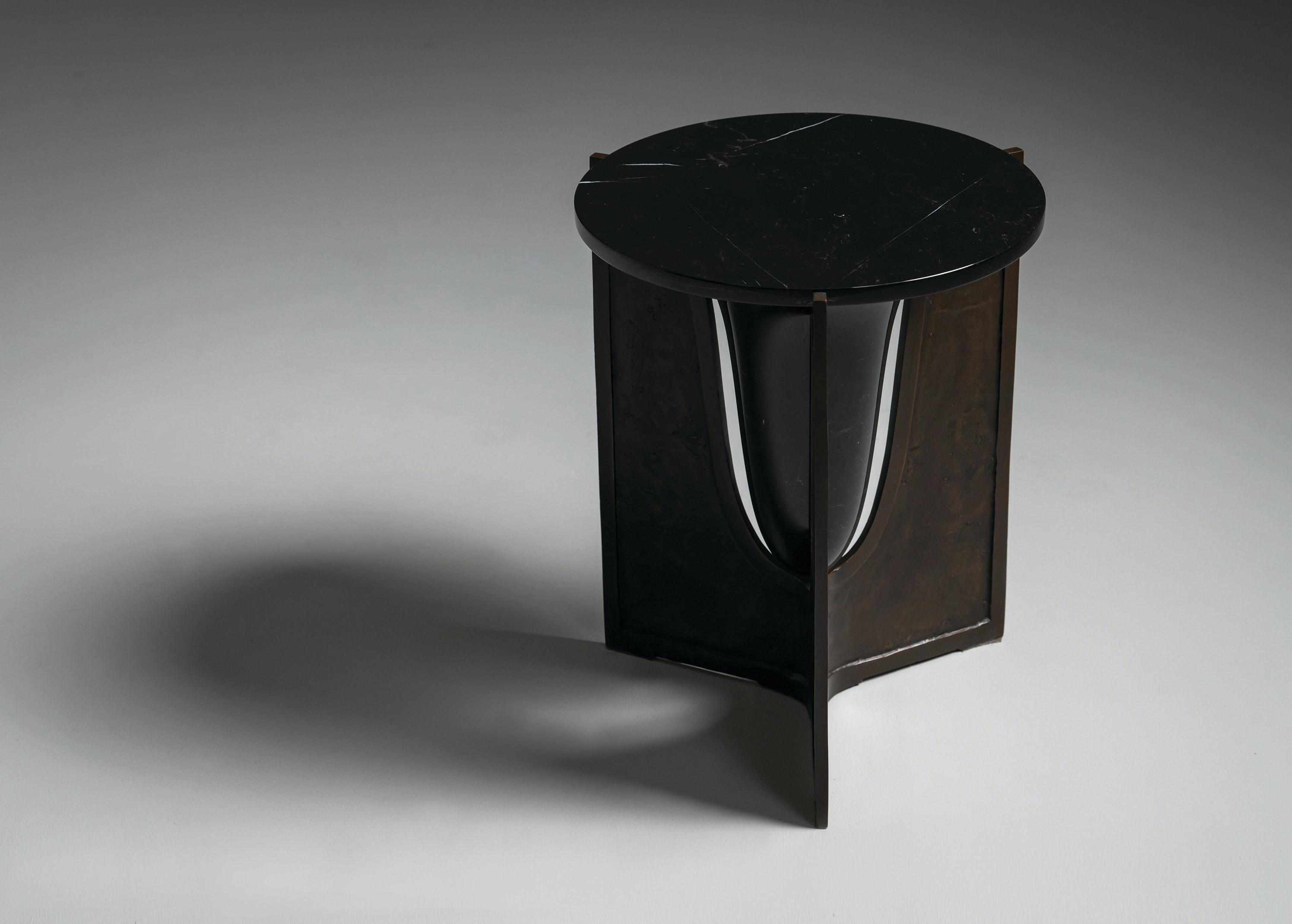Contemporary Baltoro Side Table in Textural Bronze and Black Marble by Elan Atelier IN STOCK For Sale