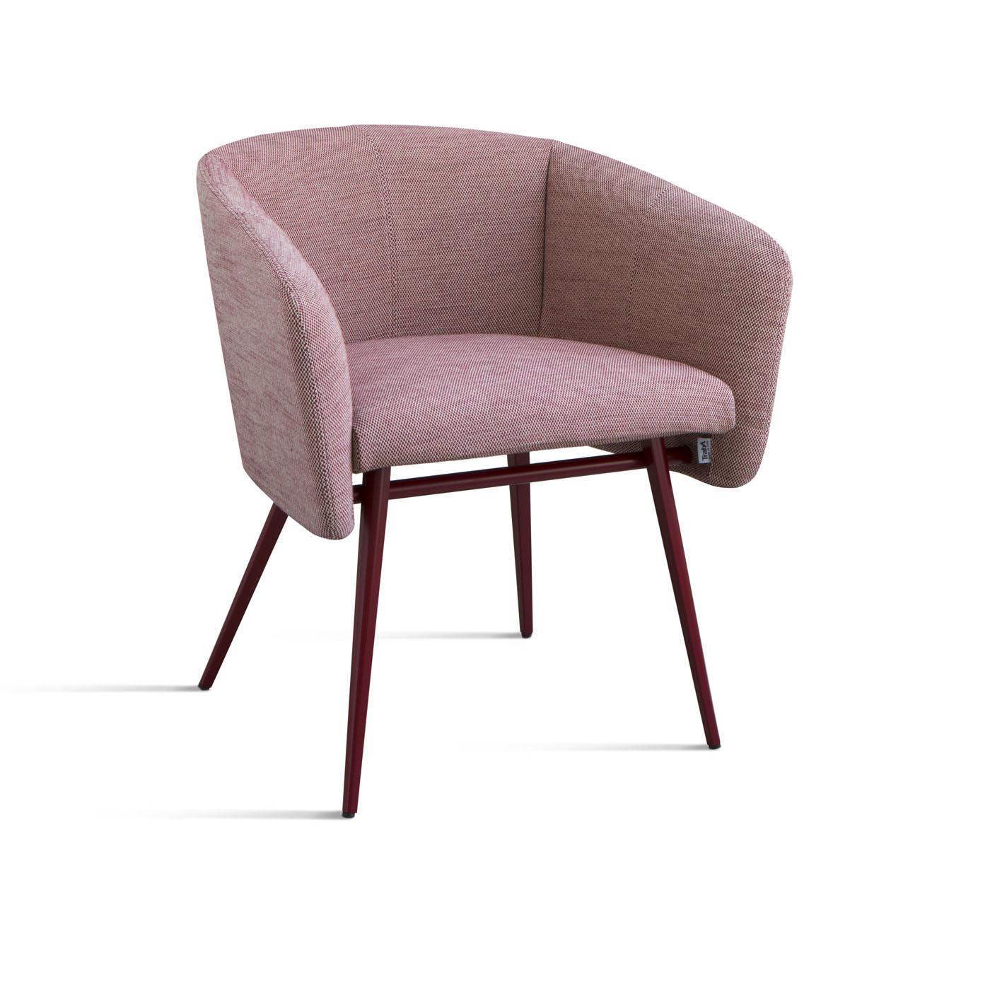 Welcoming and comfortable, elegant and generous, this piece is reminiscent of the traditional tub chair. Its clean and sophisticated design combines a striking structure in red-lacquered beechwood with slim, slanted legs, adding a dynamic profile to