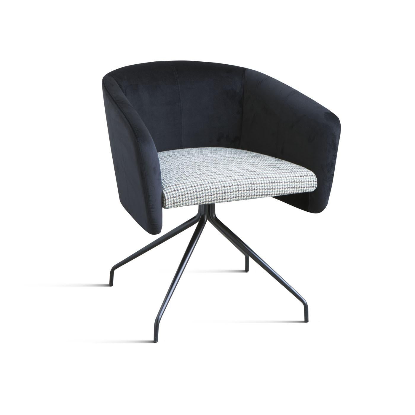 This chair is the office version of the exquisite Balù collection designed by Emilio Nanni. Elegant and refined, it features a metal swiveling base with four spokes, and an enveloping blue velvet backrest enclosing a soft fabric seat padded with
