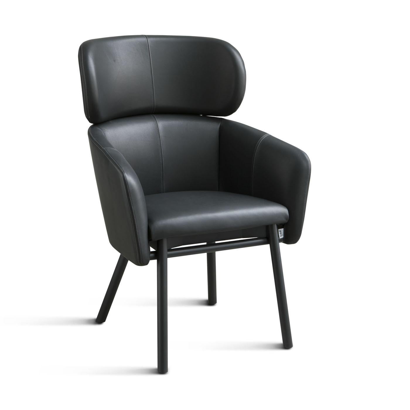 Boasting minimalism and clean design, this chair is a modular and larger version of the refined Balù chair designed by Emilio Nanni. Comfortable and elegant, it features a black-lacquered beechwood structure with slanted legs, and a soft seat with
