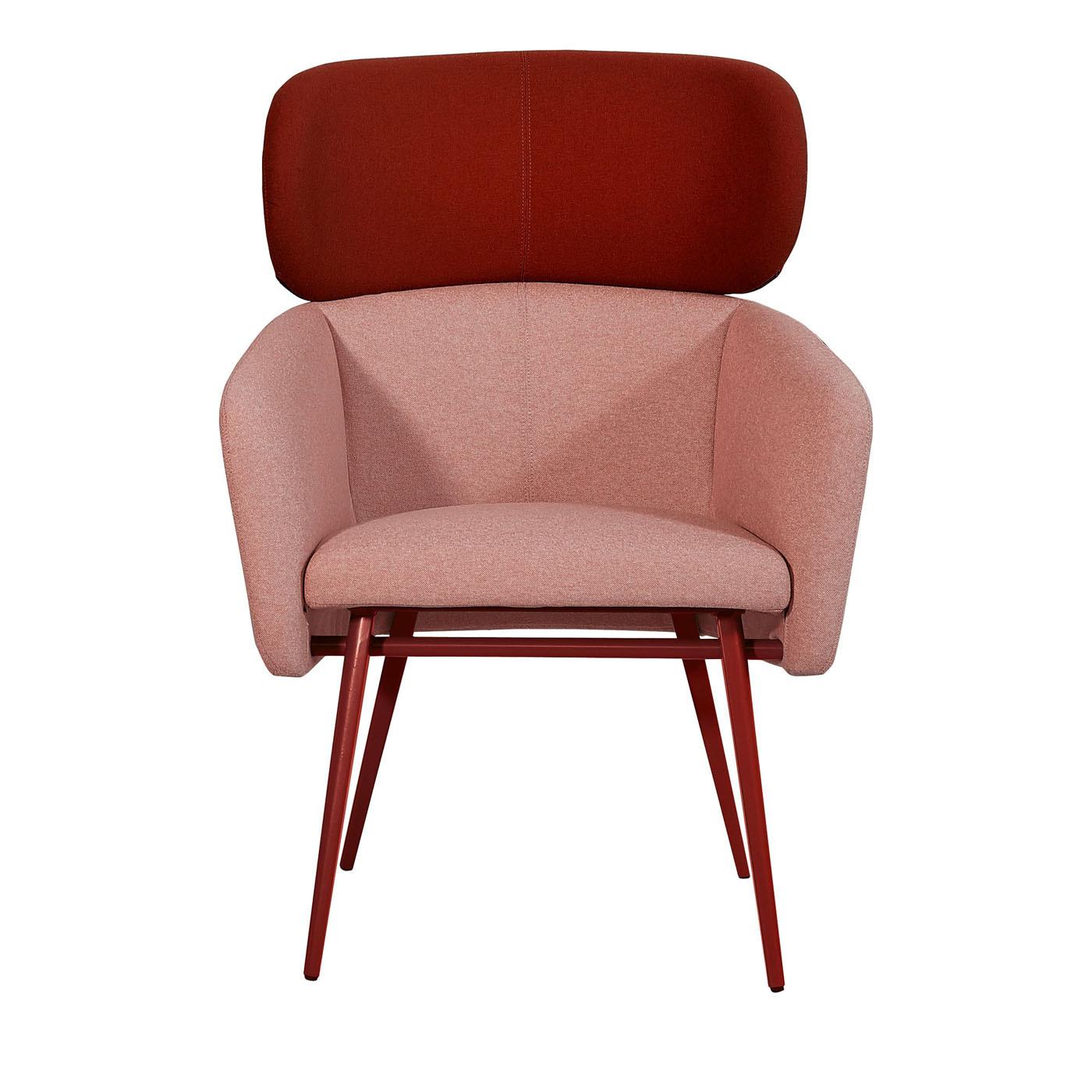 Combining an elegant burgundy hue in the upper part of the backrest and in the slanted, slim legs with a delicate pink color covering the welcoming seat and armrests, this chair will be a romantic and sophisticated addition to any modern living or