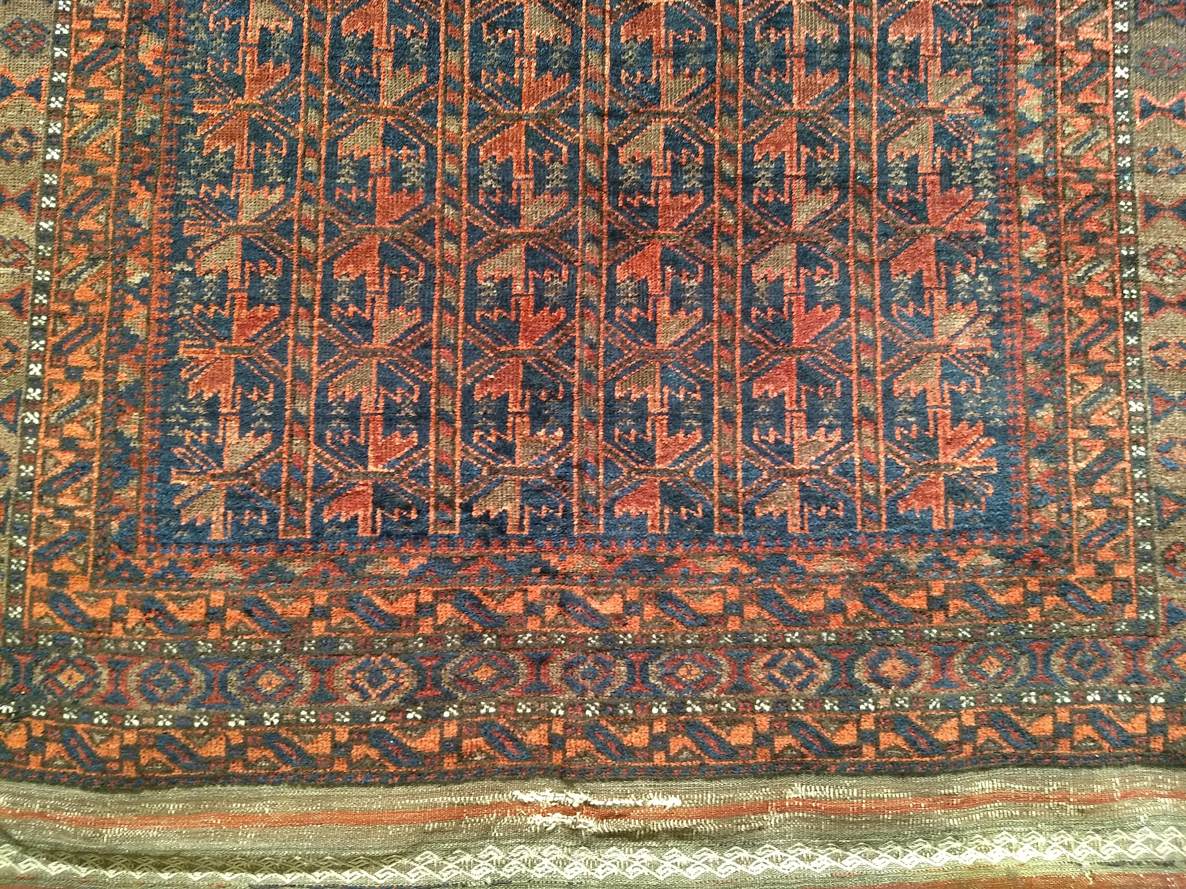 Vintage Baluch Tribal Area Rug in Allover Geometric Pattern in Navy Blue, Brown For Sale 4
