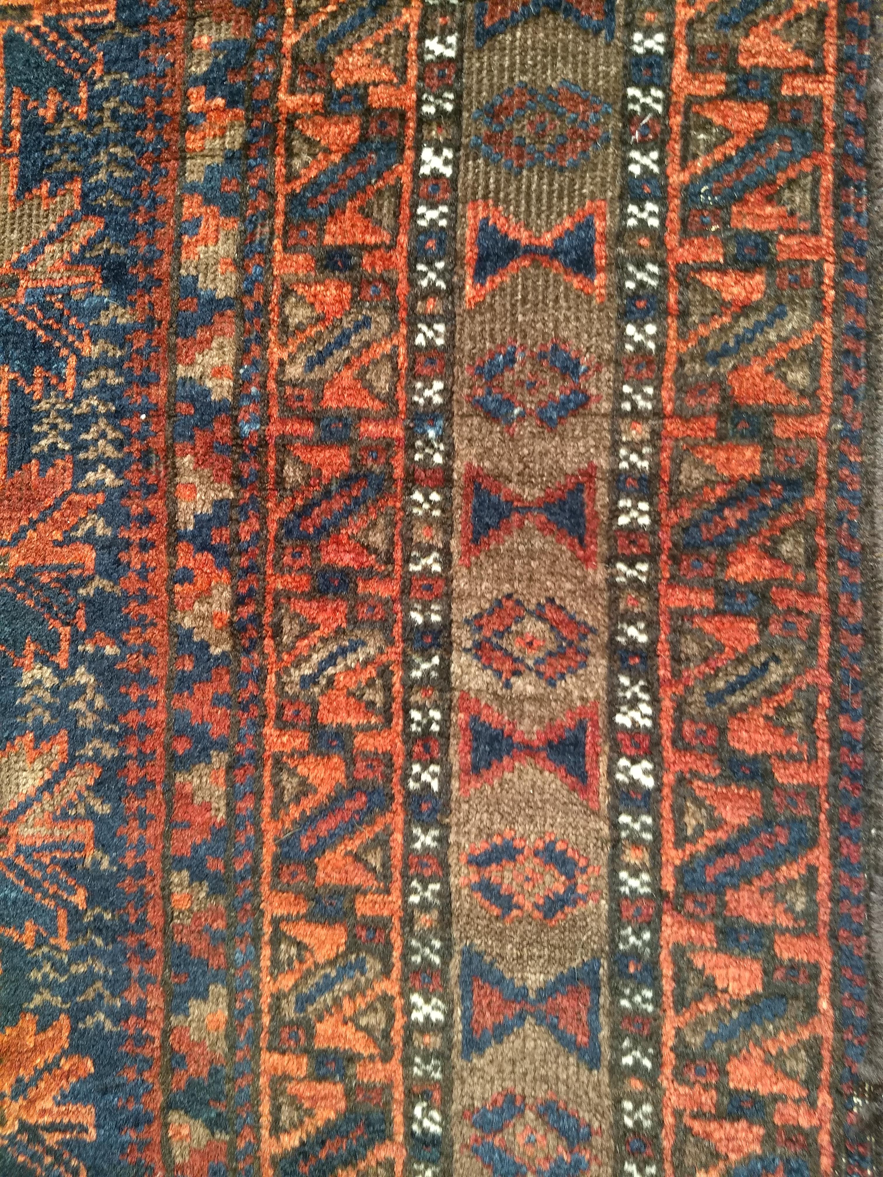 Vintage Baluch Tribal Area Rug in Allover Geometric Pattern in Navy Blue, Brown For Sale 6