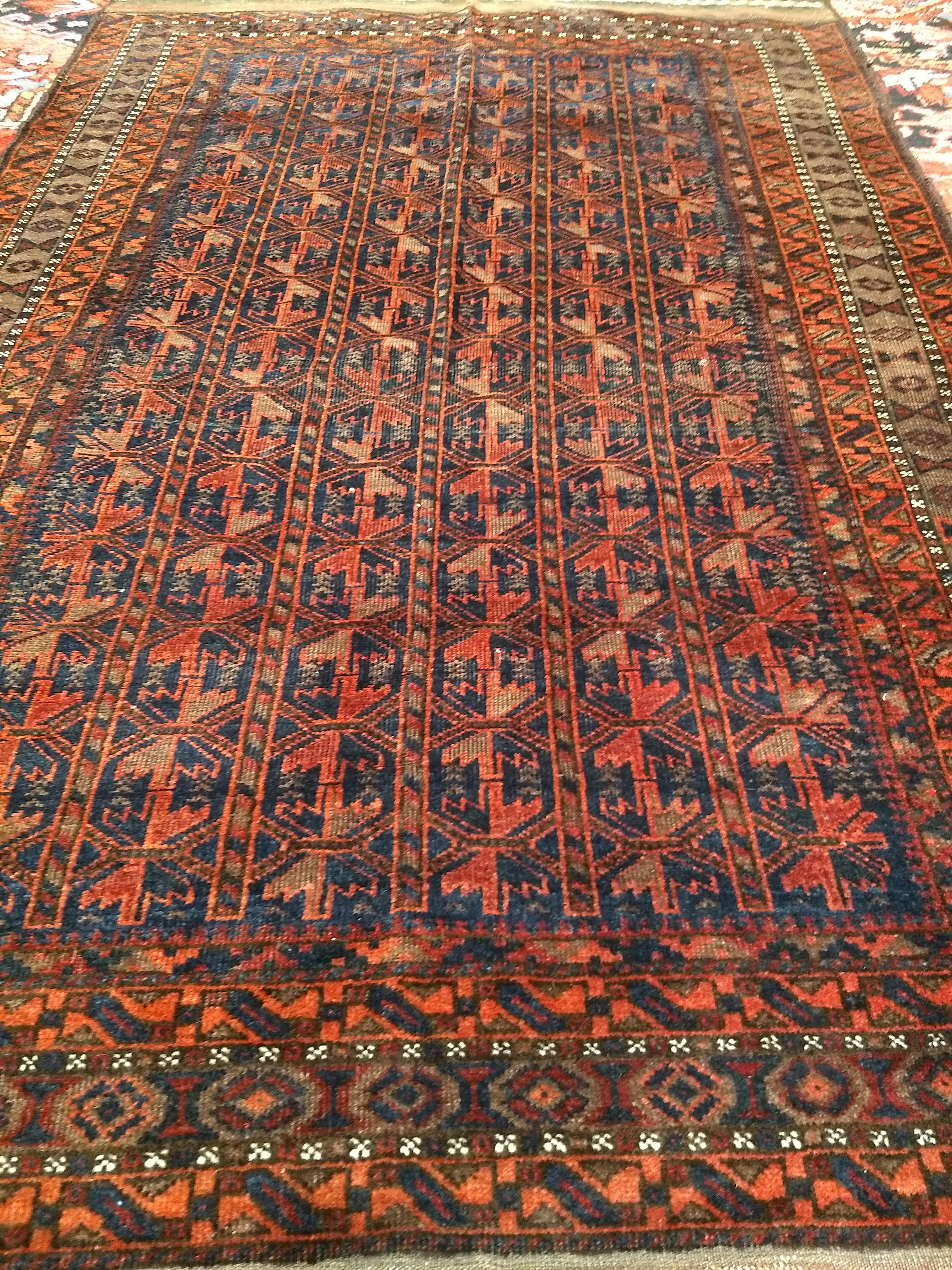 Vintage Baluch Tribal Area Rug in Allover Geometric Pattern in Navy Blue, Brown For Sale 7