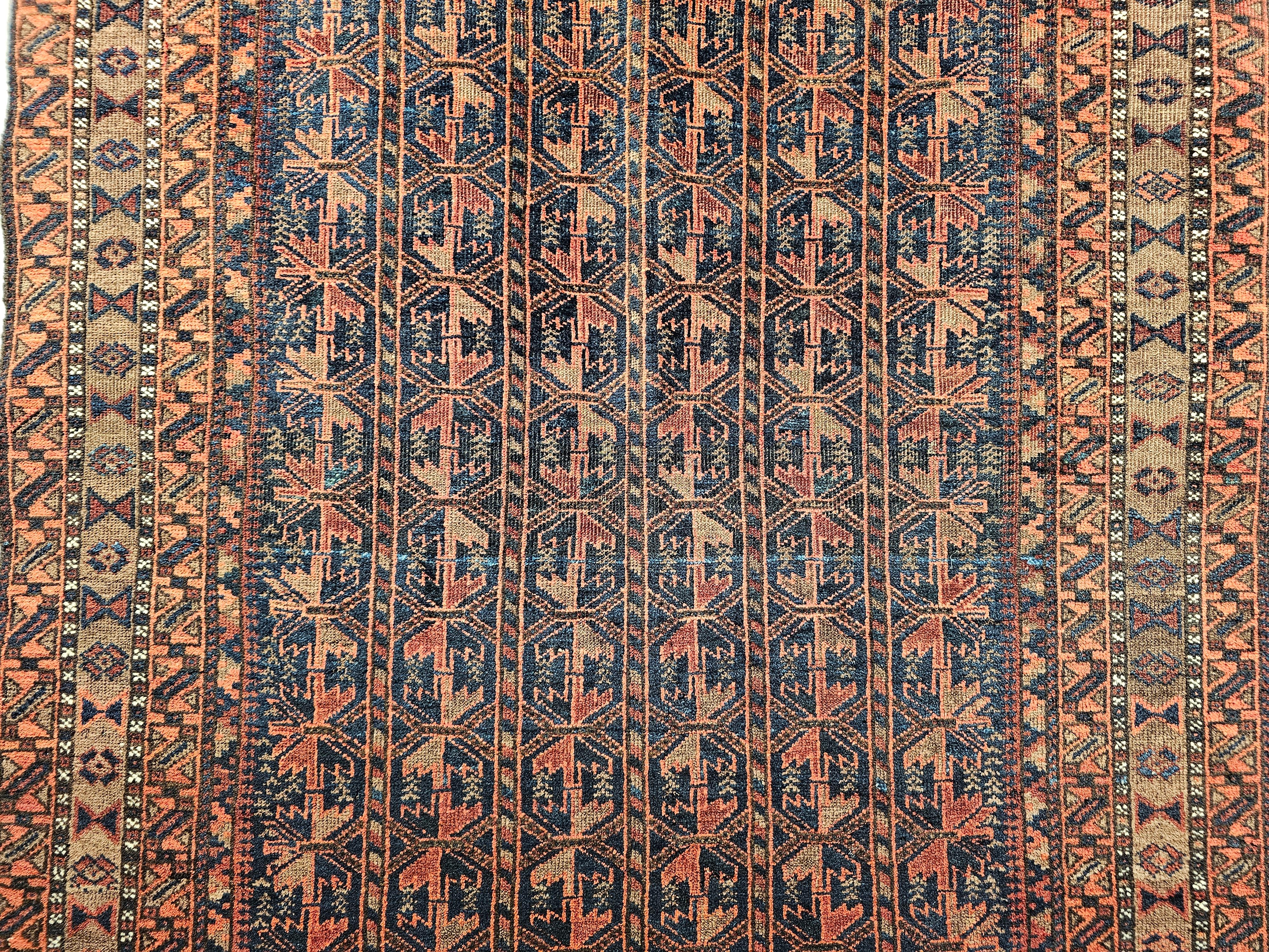 20th Century Vintage Baluch Tribal Area Rug in Allover Geometric Pattern in Navy Blue, Brown For Sale