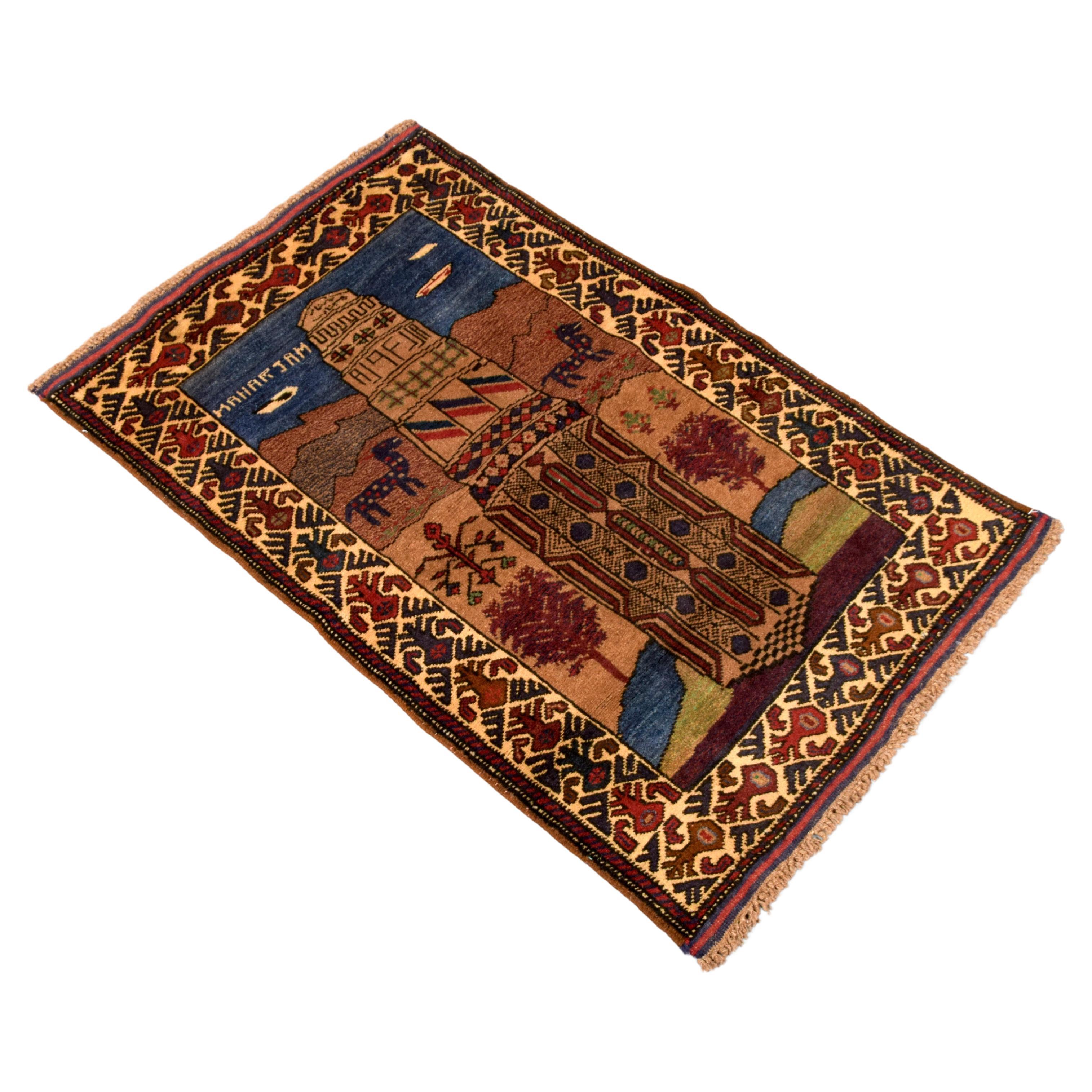 Alfombra de oración pictórica baluch, Torre de Jam en venta