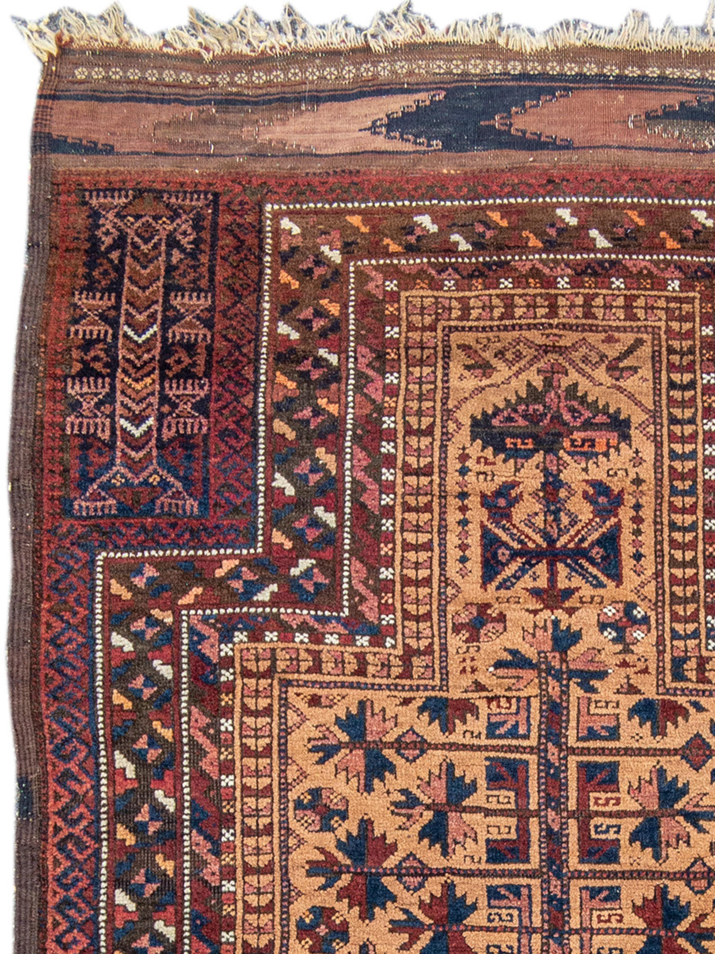 Baluch-Gebetteppich, spätes 19. Jahrhundert

Gebetsteppiche, die den Belutschen zugeschrieben werden, gehören oft zu den feiner gewebten und kunstvoll gestalteten Teppichen in ihrem Repertoire. Sie werden oft für den Handel oder den Verkauf an