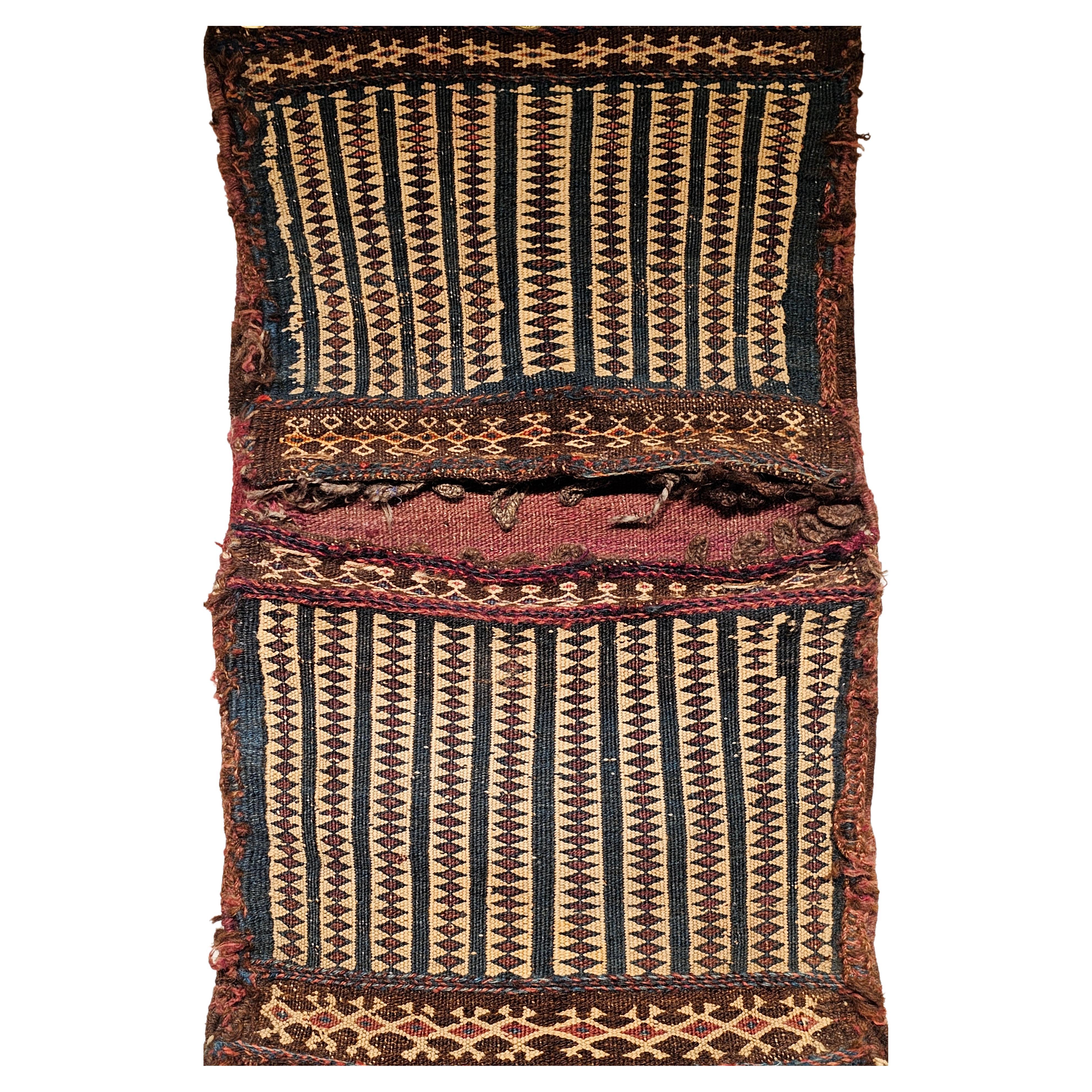 19th Century Persian Baluch Tribal Soumak Double Saddlebag in Blue, Pale Yellow For Sale