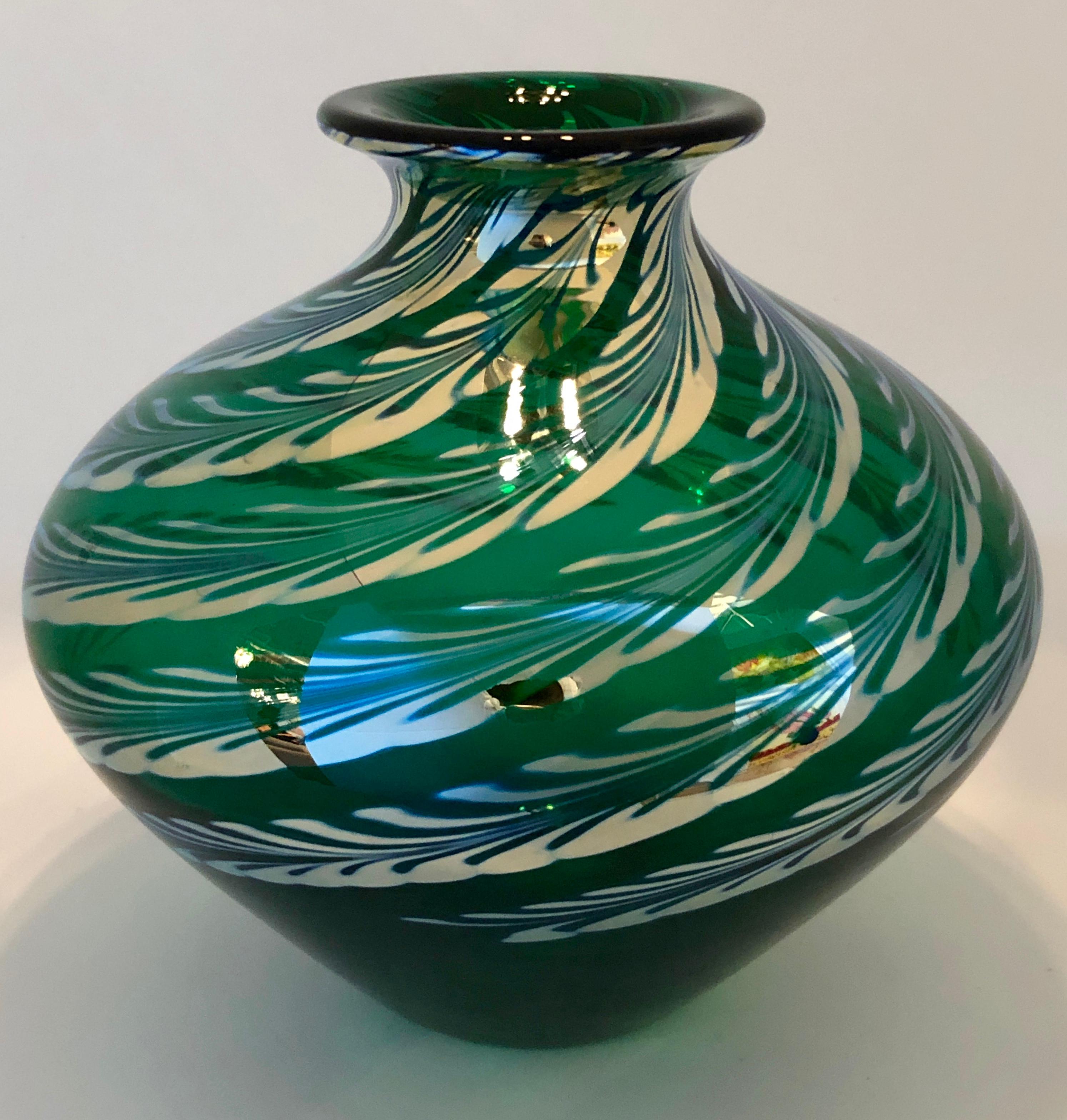 20th Century Baluster Form Iridescent Emerald Green w/ Silvered Feather Swirl Art Glass Vase For Sale