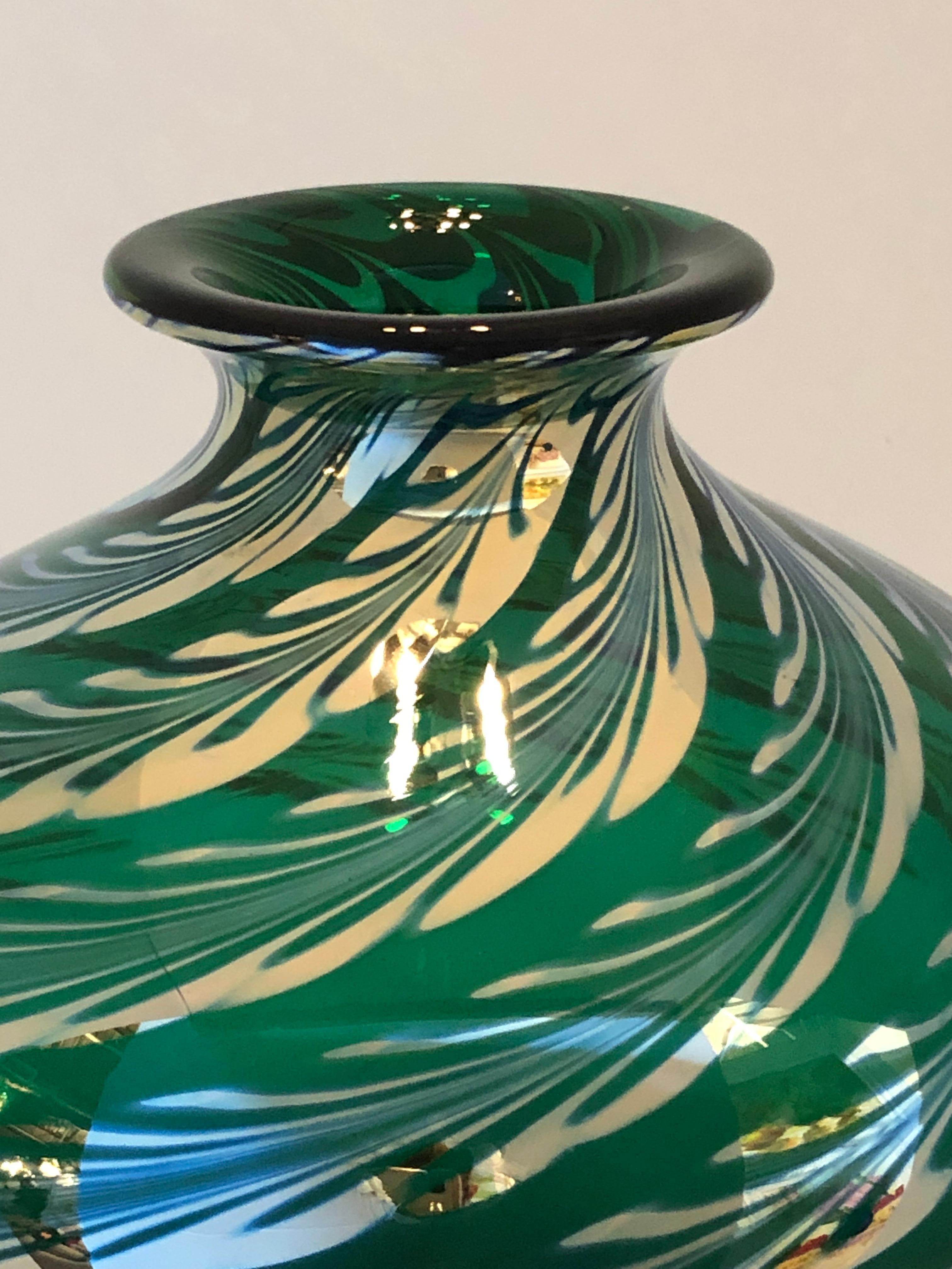Baluster Form Iridescent Emerald Green w/ Silvered Feather Swirl Art Glass Vase For Sale 1