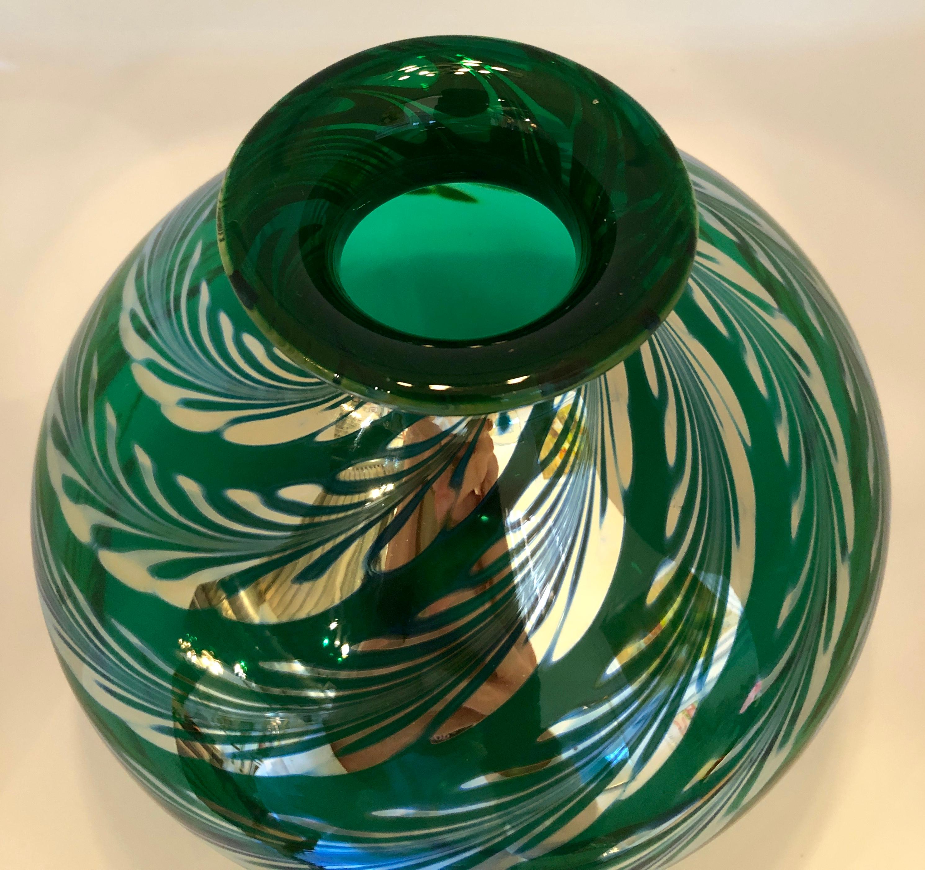 Baluster Form Iridescent Emerald Green w/ Silvered Feather Swirl Art Glass Vase For Sale 3