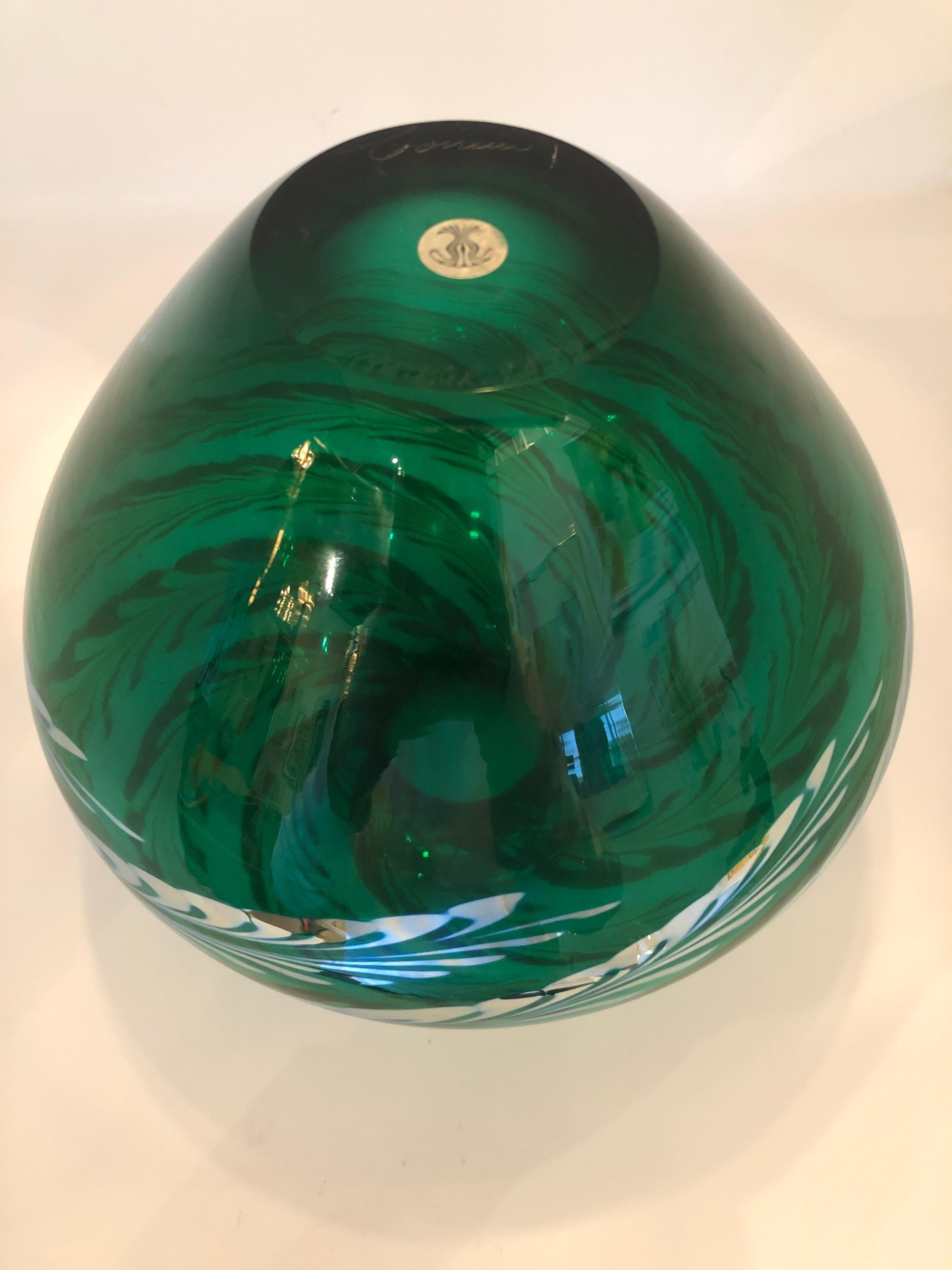 Baluster Form Iridescent Emerald Green w/ Silvered Feather Swirl Art Glass Vase For Sale 7