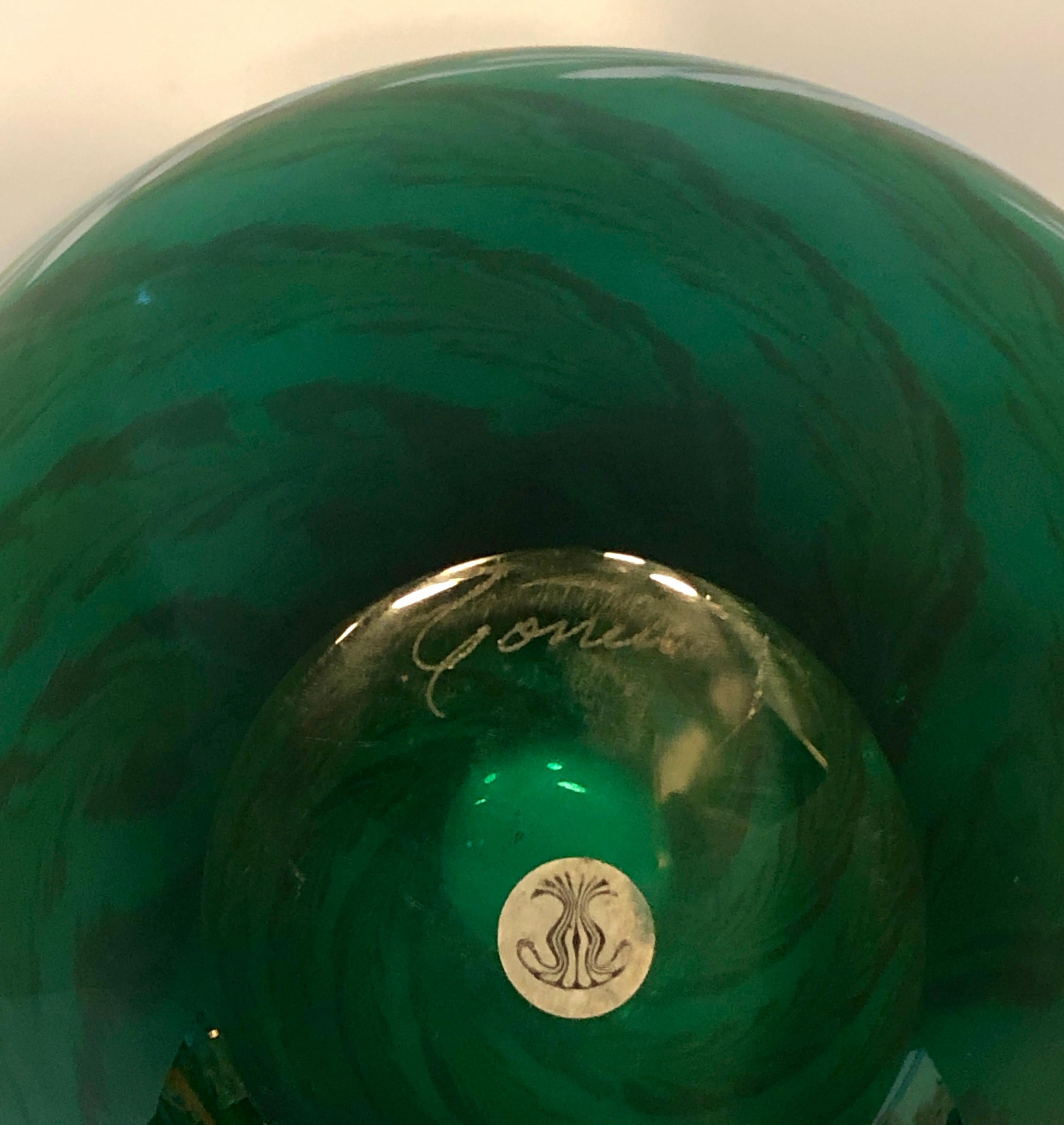 Baluster Form Iridescent Emerald Green w/ Silvered Feather Swirl Art Glass Vase For Sale 9