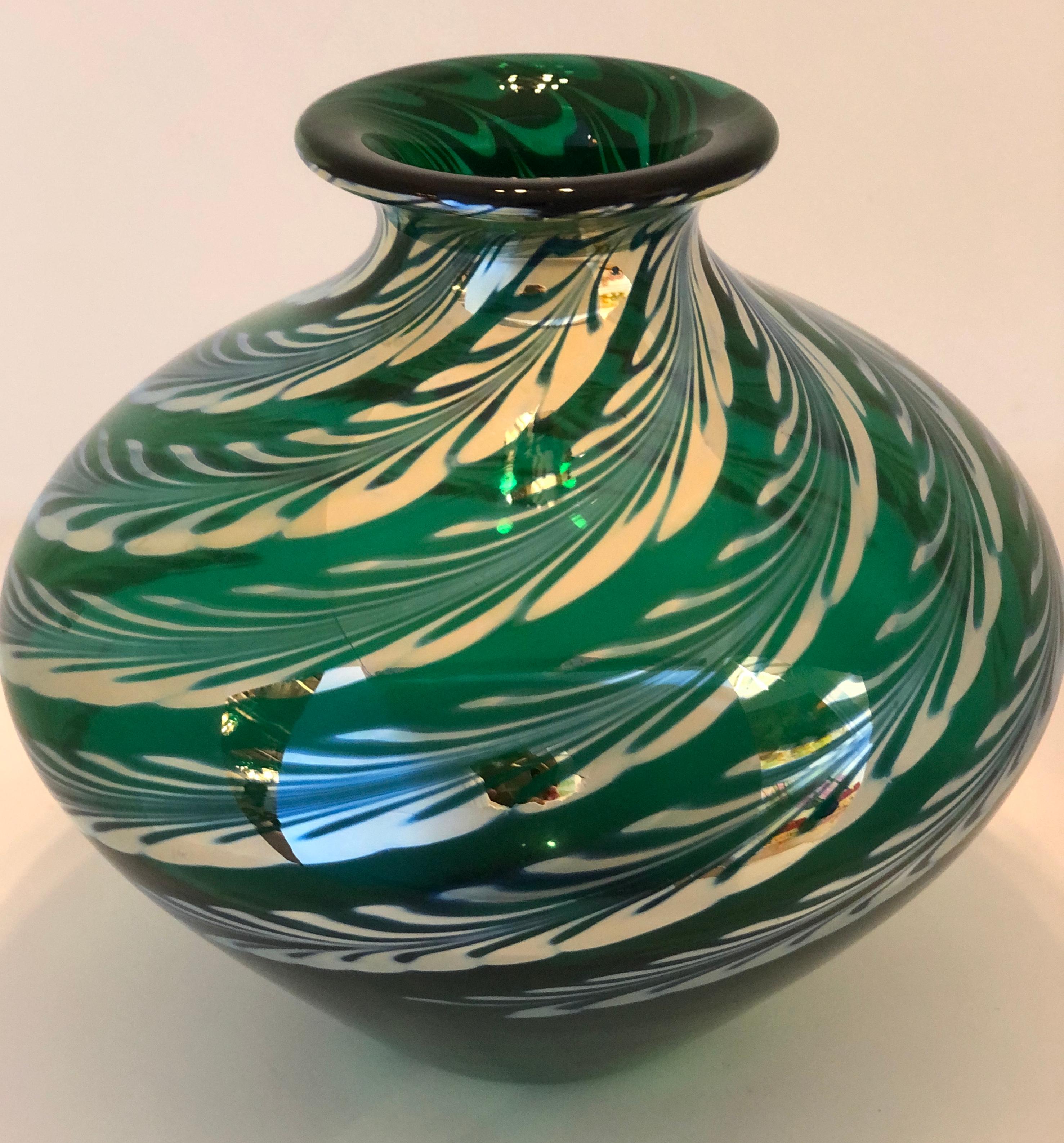 Mid-Century Modern Baluster Form Iridescent Emerald Green w/ Silvered Feather Swirl Art Glass Vase For Sale