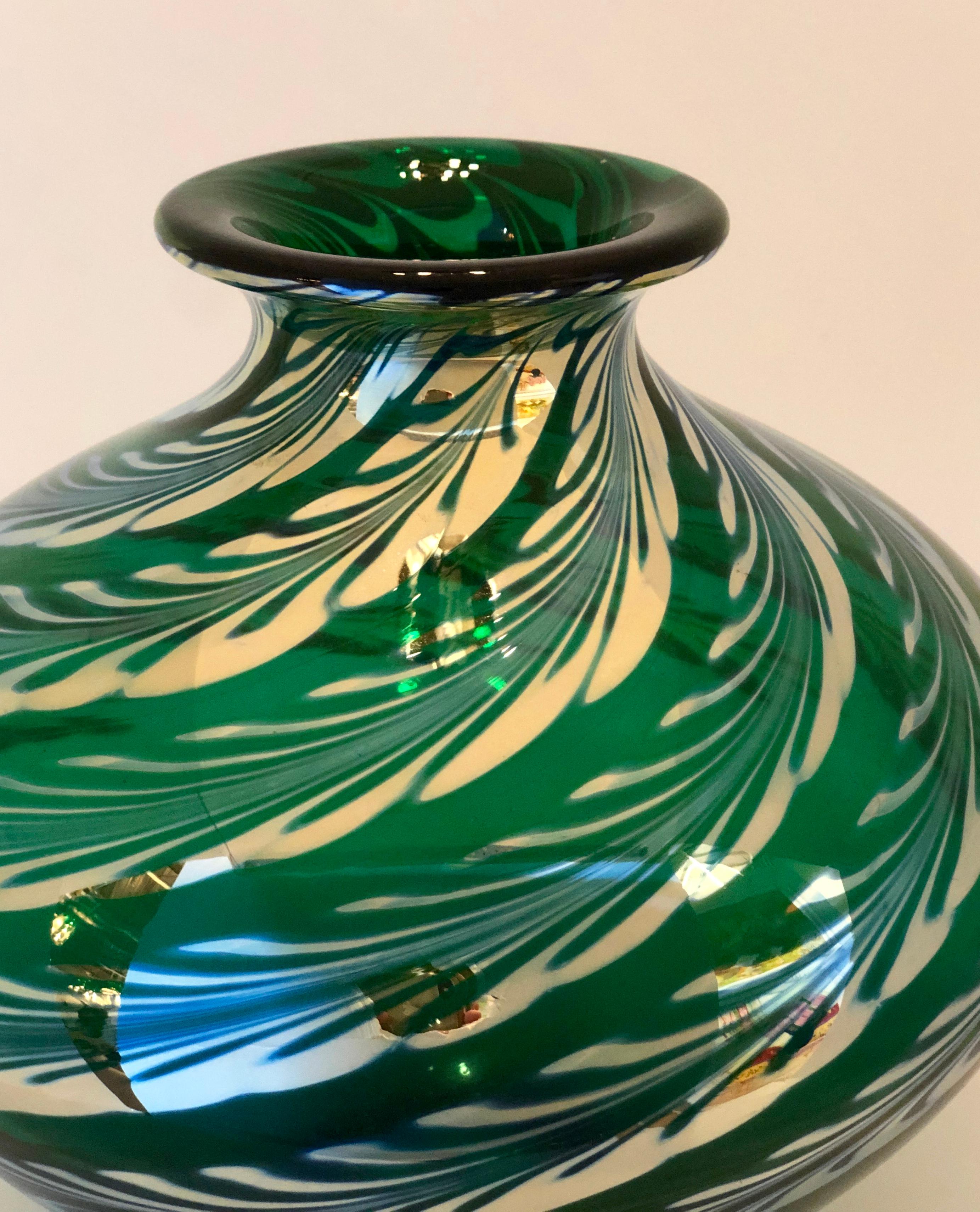 American Baluster Form Iridescent Emerald Green w/ Silvered Feather Swirl Art Glass Vase For Sale