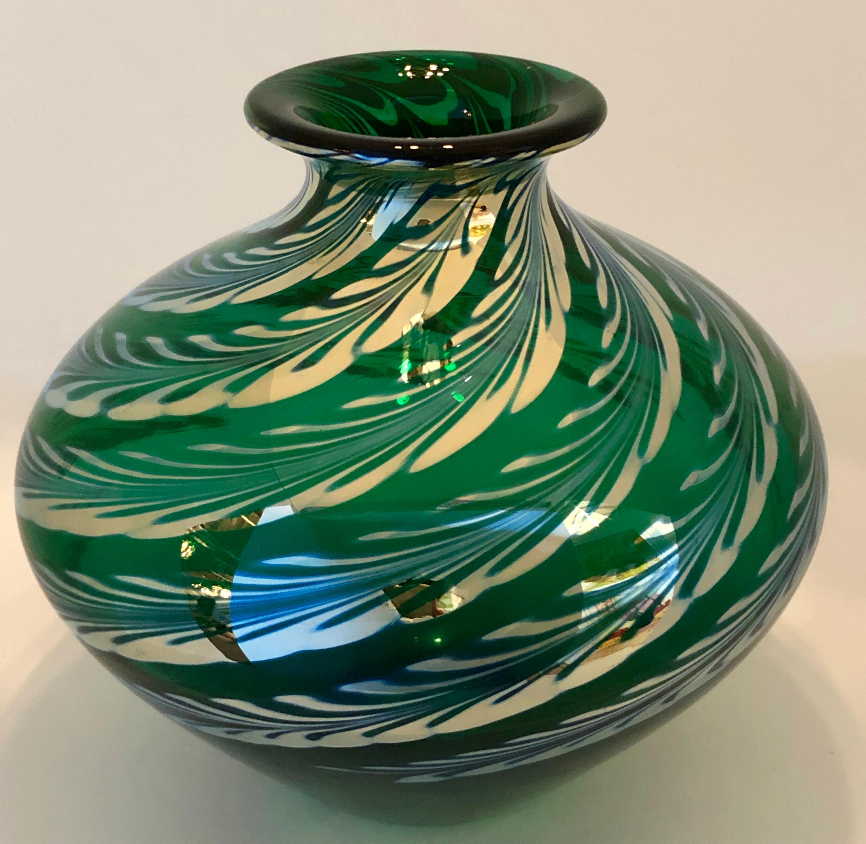 Baluster Form Iridescent Emerald Green w/ Silvered Feather Swirl Art Glass Vase In Good Condition For Sale In Houston, TX